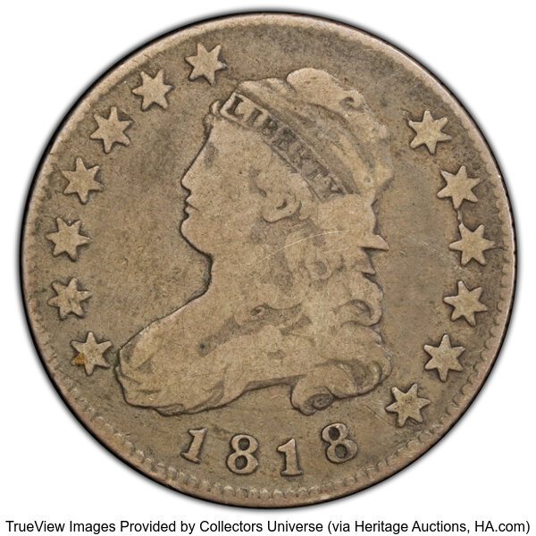 image for: 1818 25C B-2, R.1, VG10 PCGS. CAC. CAC: 9 in 10, 162 finer (10/25).  CDN: $190 Whsle. Bid for NGC/PCGS VG10. Mintage 361,17...