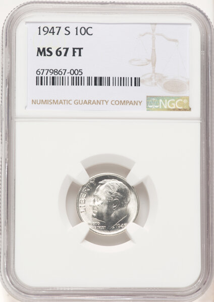 image for: 1947-S 10C MS67 Full Bands NGC. NGC Census: 109 in 67 (9 in 67+, 9 in 67*, 1 in 67*+), 16 finer (10/25). CDN: $150 Whsle. B...