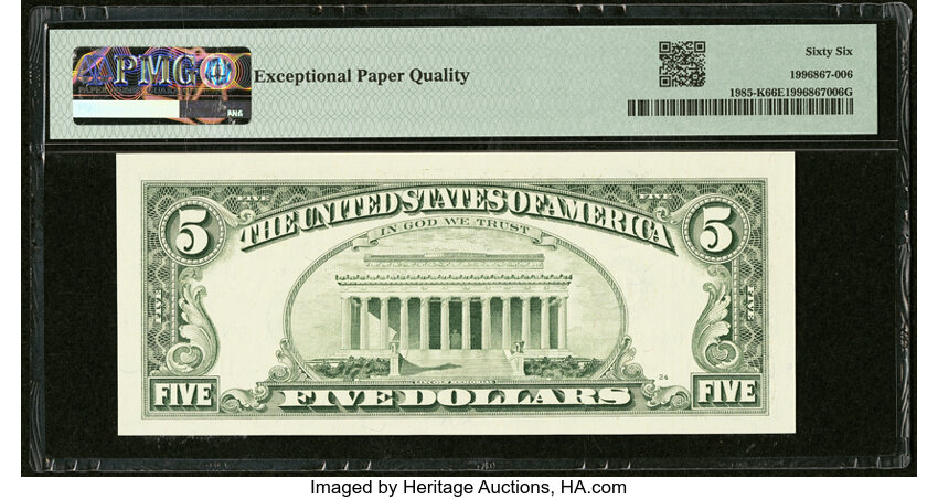 image for: Radar-Repeater Serial Number 06600660 Fr. 1985-K $5 1995 Federal Reserve Note. PMG Gem Uncirculated 66 EPQ....