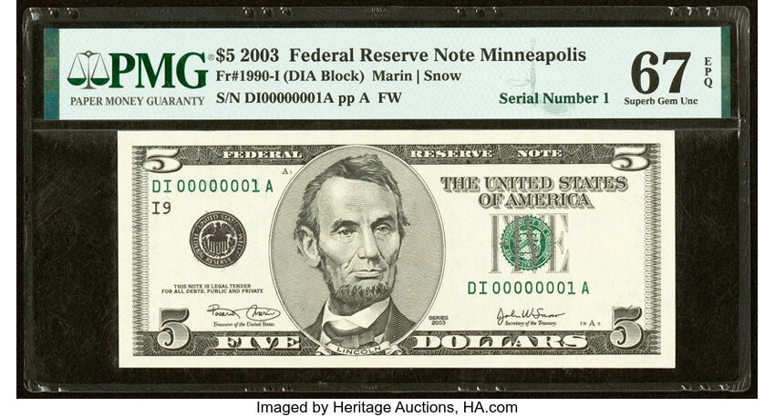 image for: Serial Number 1 Fr. 1990-I $5 2003 Federal Reserve Note. PMG Superb Gem Unc 67 EPQ....