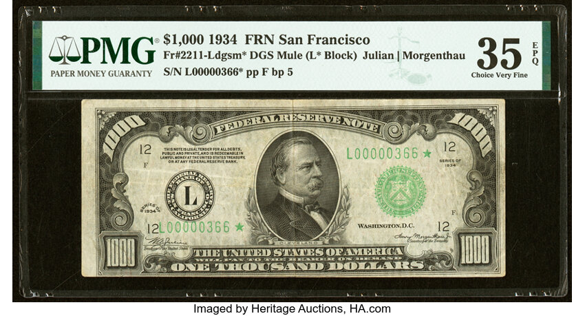 image for: Fr. 2211-L* $1,000 1934 Mule Federal Reserve Star Note. PMG Choice Very Fine 35 EPQ....