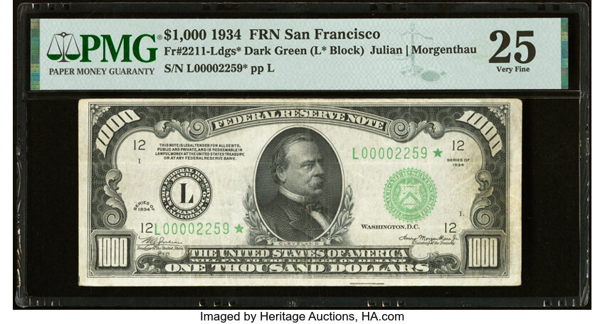 image for: Fr. 2211-L* $1,000 1934 Federal Reserve Star Note. PMG Very Fine 25....