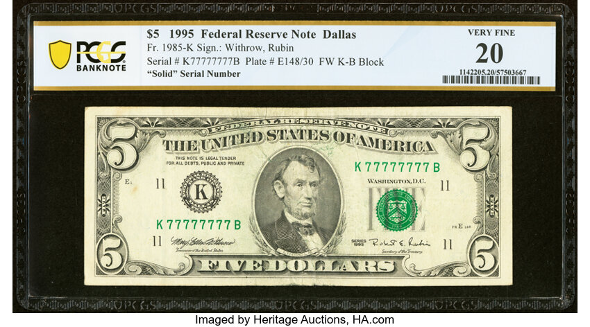 image for: Solid Serial Number 77777777 Fr. 1985-K $5 1995 Federal Reserve Note. PCGS Banknote Very Fine 20....