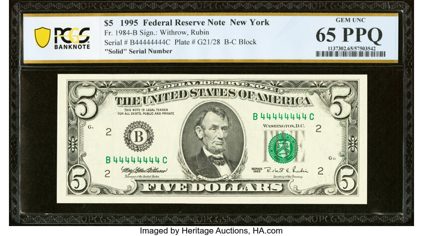 image for: Solid Serial Number 44444444 Fr. 1984-B $5 1995 Federal Reserve Note. PCGS Banknote Gem Unc 65 PPQ....