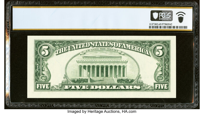 image for: Solid Serial Number 44444444 Fr. 1984-B $5 1995 Federal Reserve Note. PCGS Banknote Gem Unc 65 PPQ....