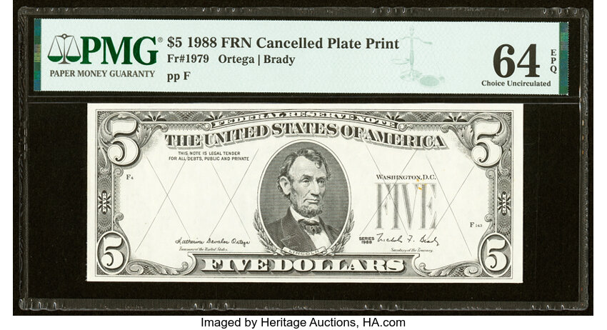 image for: Cancelled Plate Print Fr. 1979 $5 1988 Federal Reserve Note. PMG Choice Uncirculated 64 EPQ....