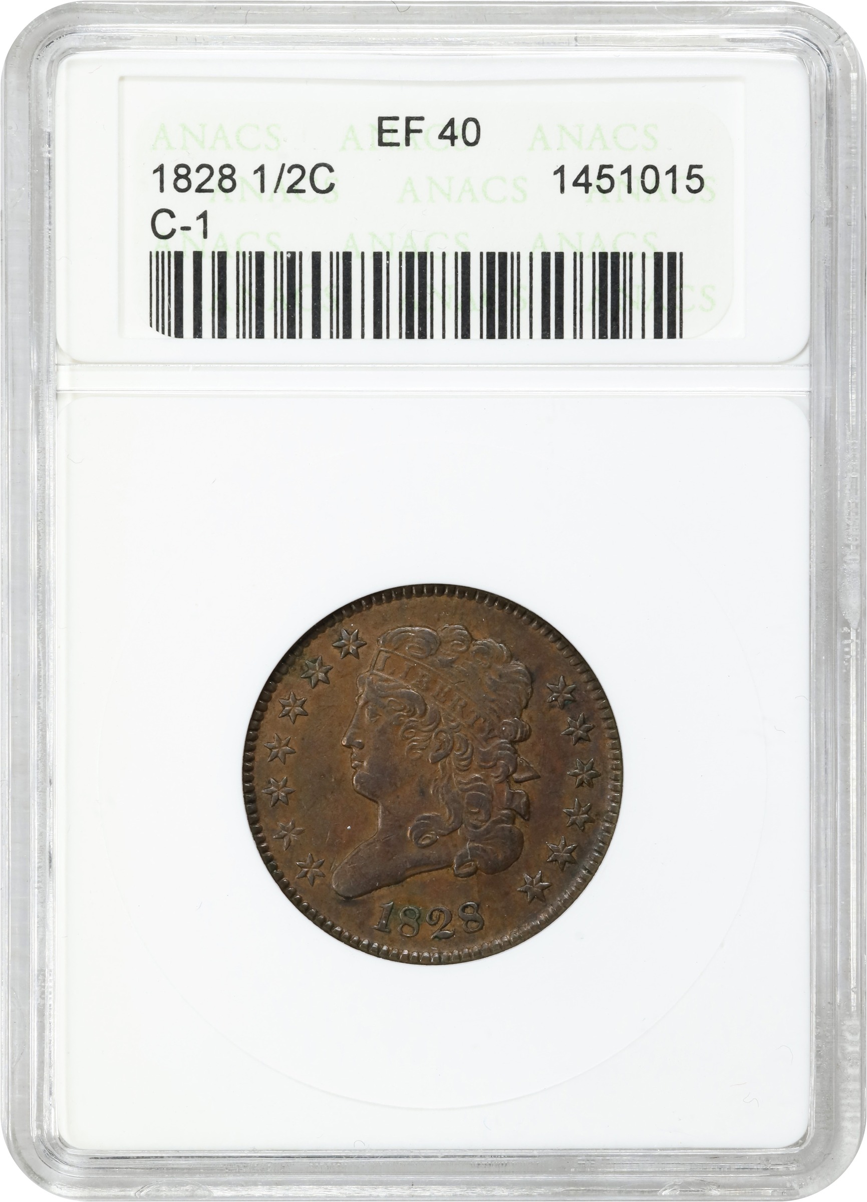 image for: 1828 Classic Head Half Cent. C-1. Rarity-1. 13 Stars. EF-40 (ANACS). OH.
