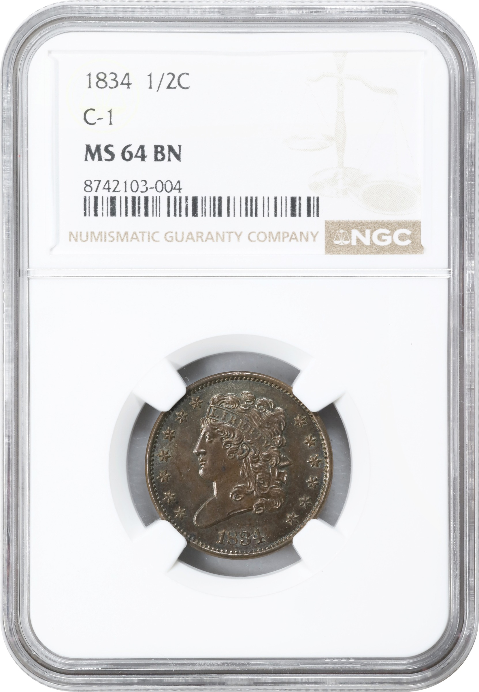 image for: 1834 Classic Head Half Cent. C-1. Rarity-1. MS-64 BN (NGC).