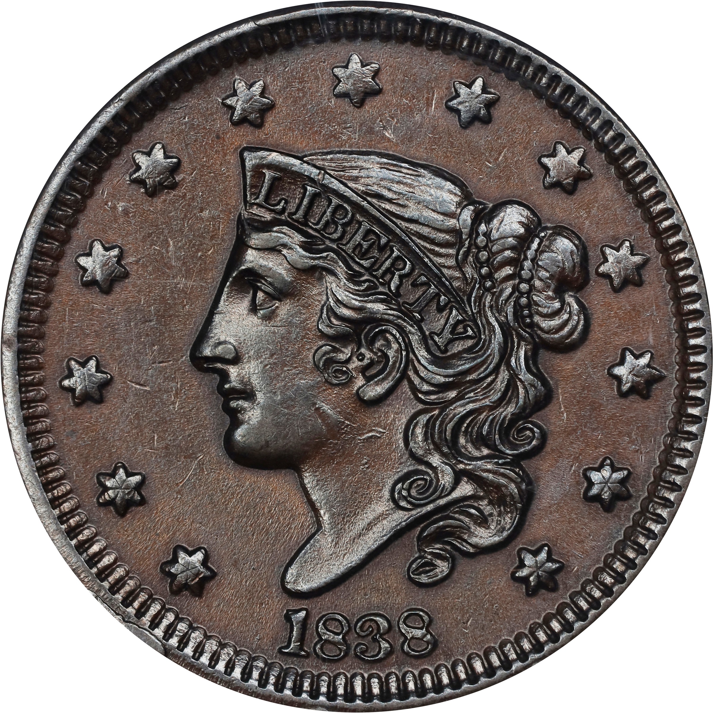 image for: 1838 Modified Matron Head Cent. N-1. Rarity-1. AU-55 (ANACS).