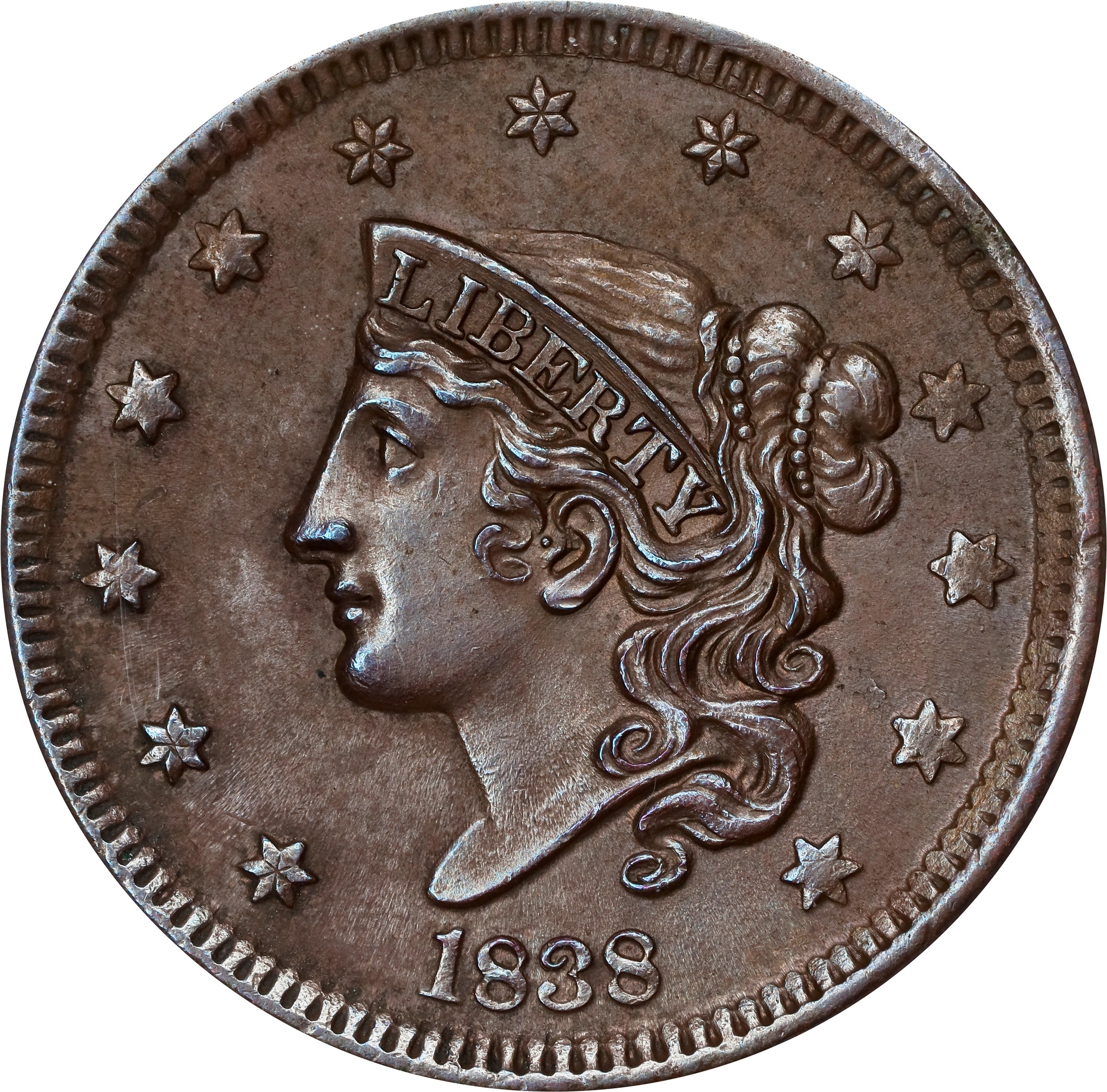 image for: 1838 Modified Matron Head Cent. N-2. Rarity-1. MS-60 BN (ANACS).