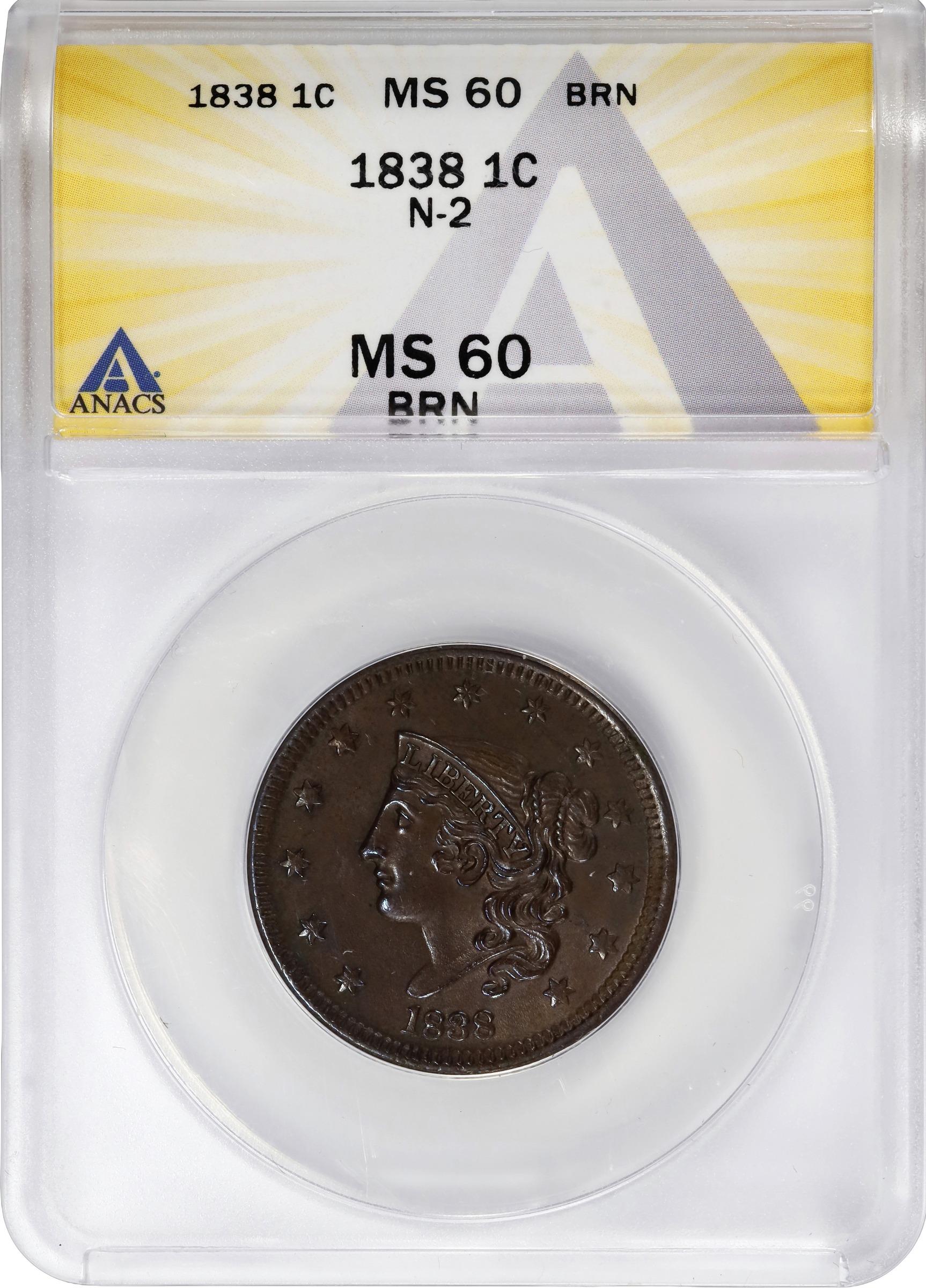 image for: 1838 Modified Matron Head Cent. N-2. Rarity-1. MS-60 BN (ANACS).