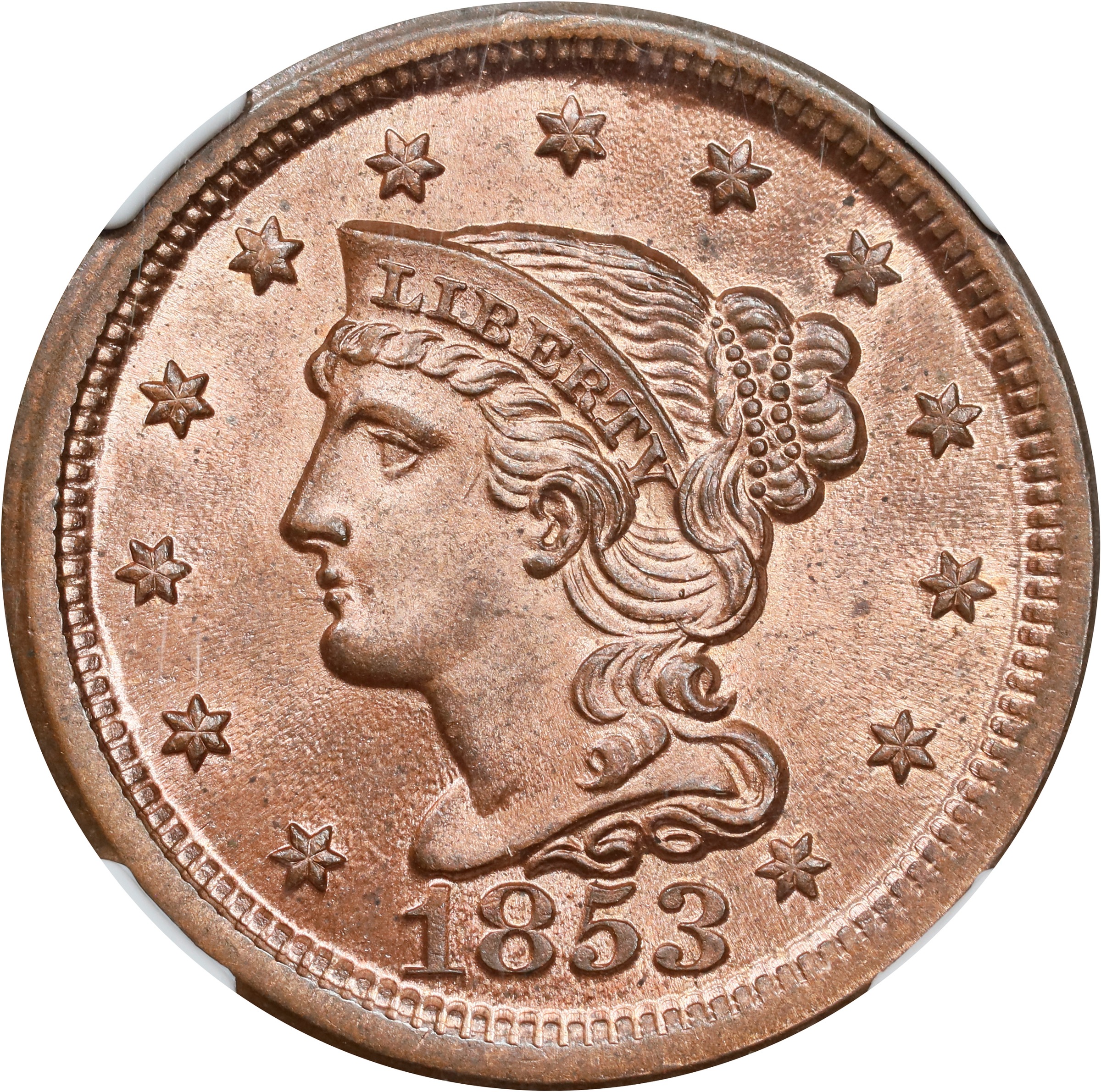 image for: 1853 Braided Hair Cent. N-3. Rarity-1. MS-65 RB (NGC).