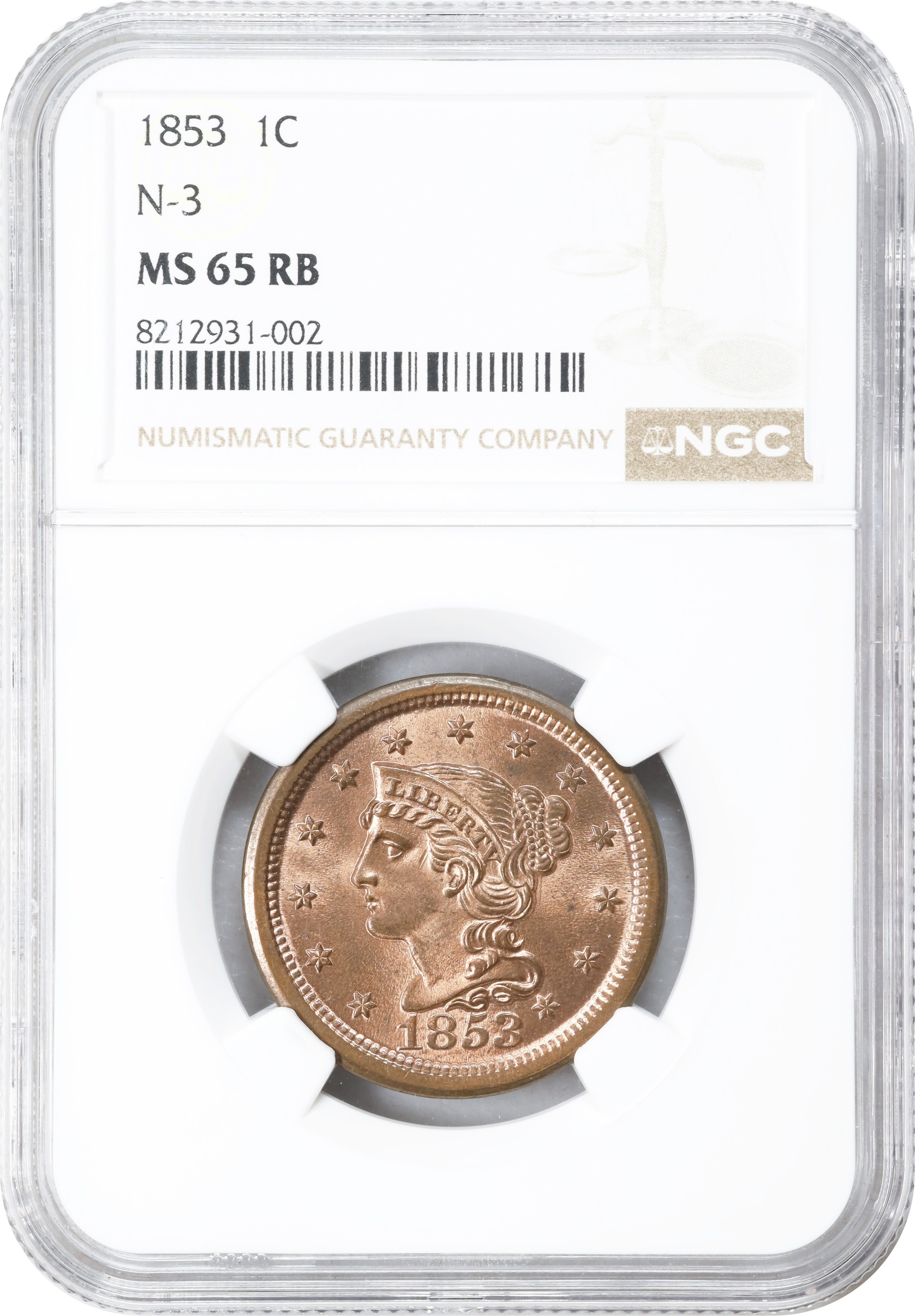 image for: 1853 Braided Hair Cent. N-3. Rarity-1. MS-65 RB (NGC).
