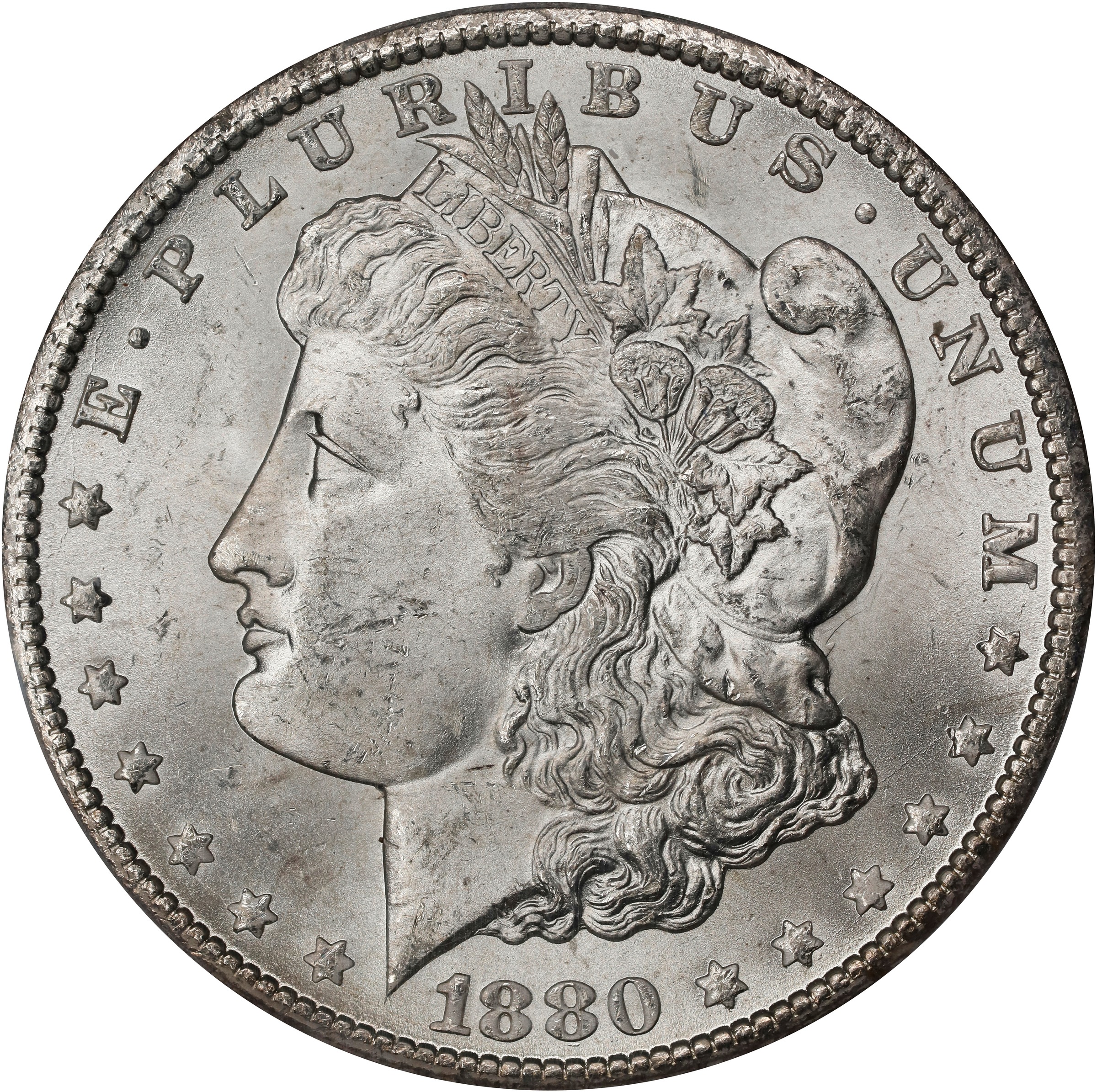 image for: 1880-CC Morgan Silver Dollar. VAM-8. 8/7, Reverse of 1879. MS-63 (PCGS).