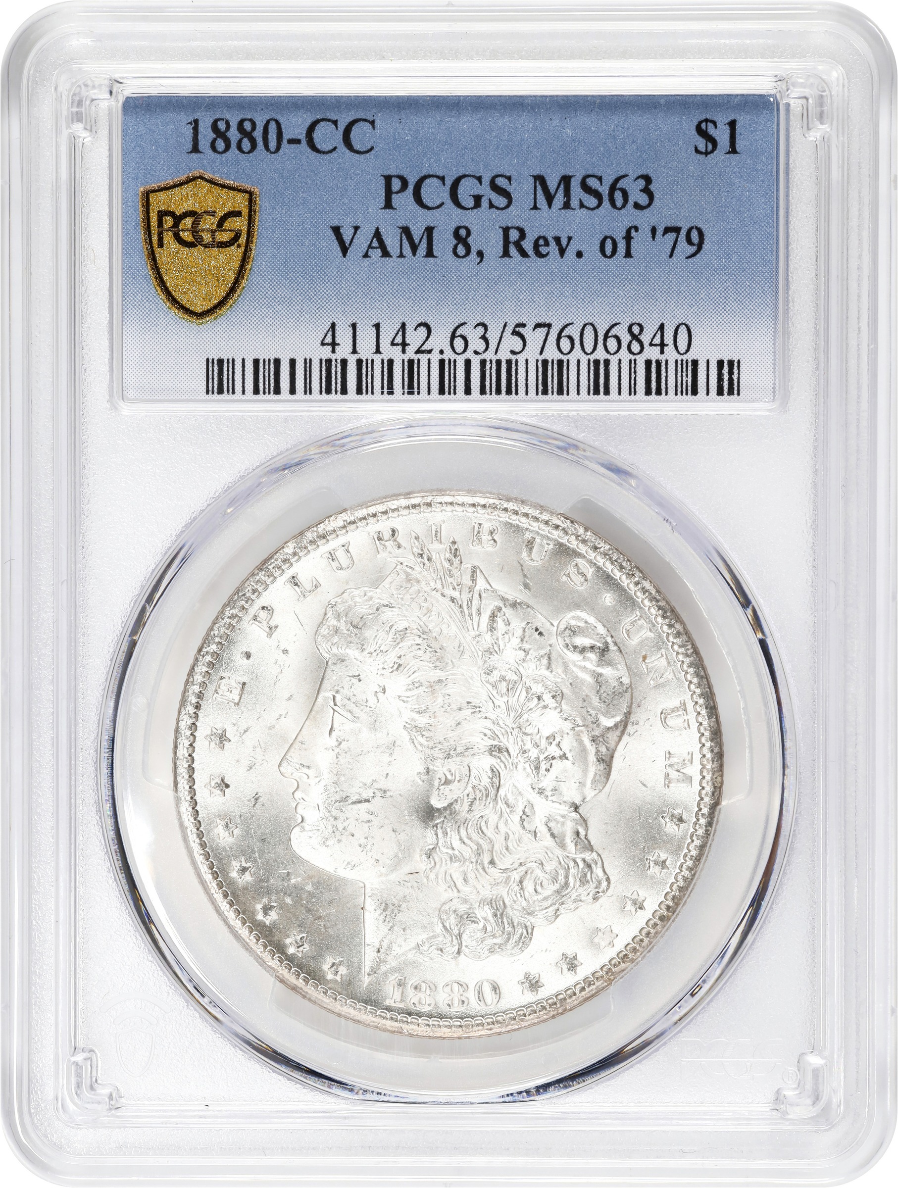 image for: 1880-CC Morgan Silver Dollar. VAM-8. 8/7, Reverse of 1879. MS-63 (PCGS).