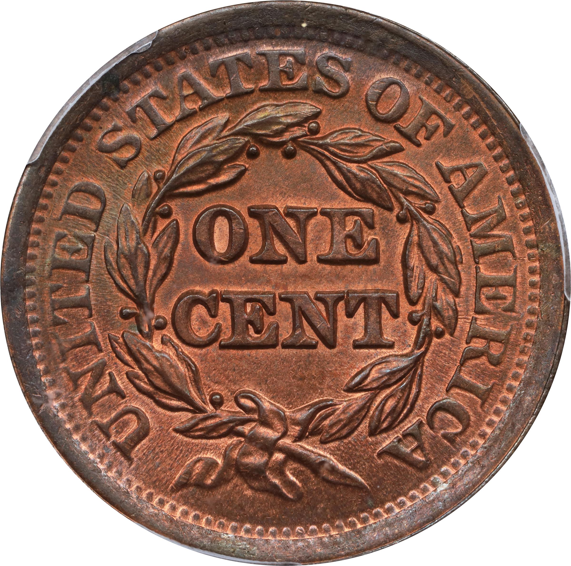 image for: 1852 Braided Hair Cent. N-7. Rarity-1. MS-66 RB (PCGS). CAC.