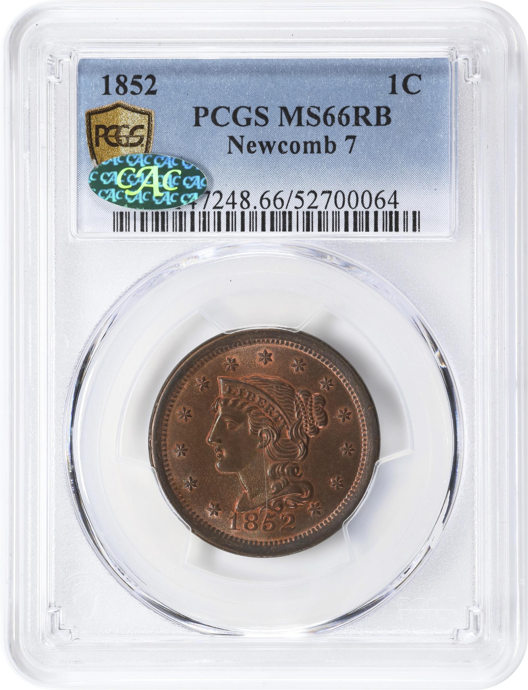 image for: 1852 Braided Hair Cent. N-7. Rarity-1. MS-66 RB (PCGS). CAC.