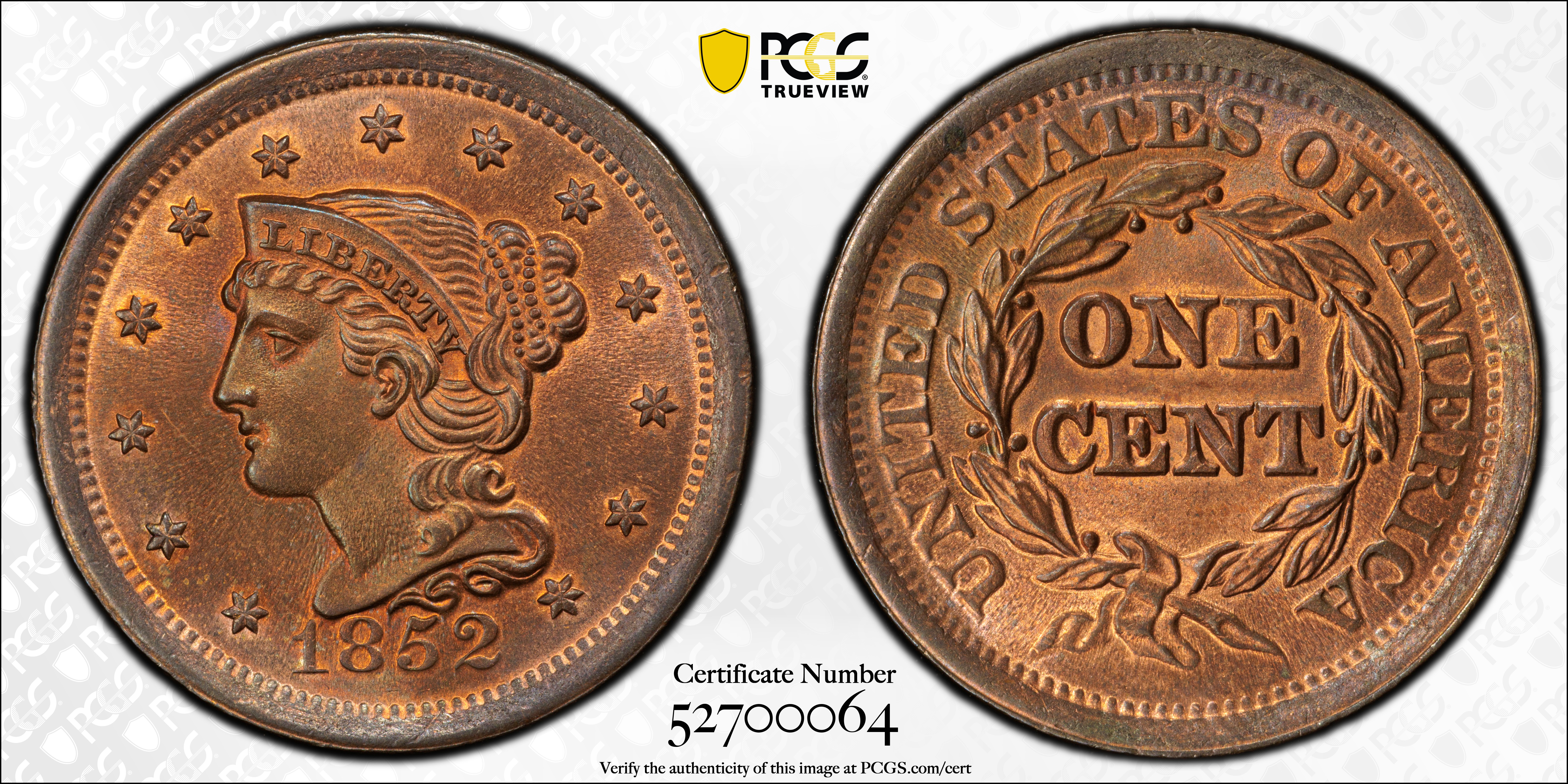 image for: 1852 Braided Hair Cent. N-7. Rarity-1. MS-66 RB (PCGS). CAC.