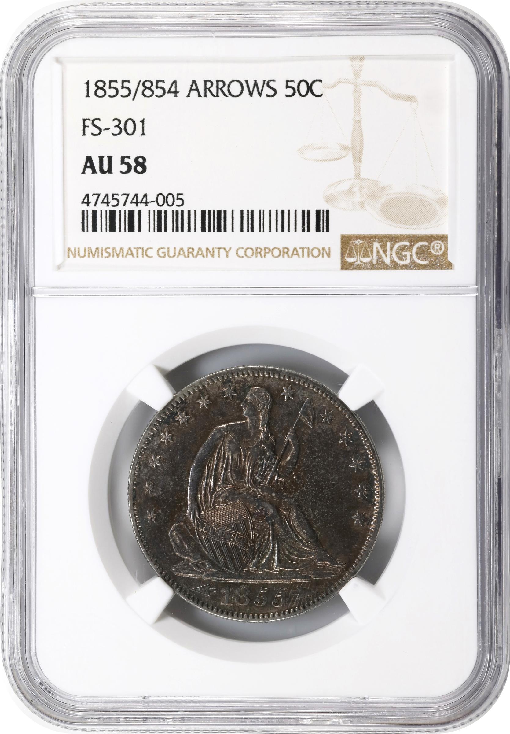 image for: 1855/54 Liberty Seated Half Dollar. Arrows. WB-102, FS-301. AU-58 (NGC).