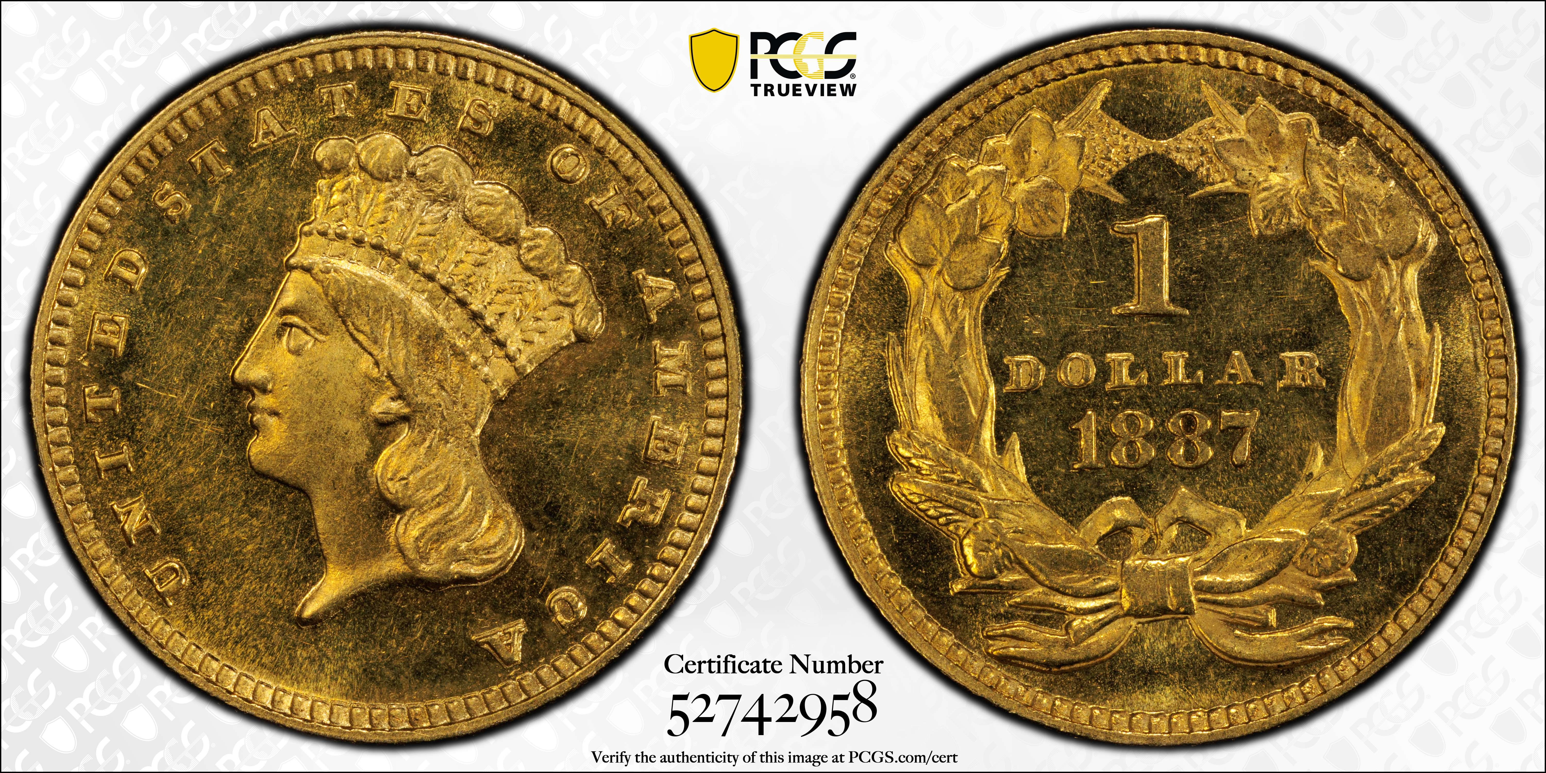 image for: 1887 Gold Dollar. JD-1. Rarity-5-. Centered Date. Proof-64 (PCGS). CAC.