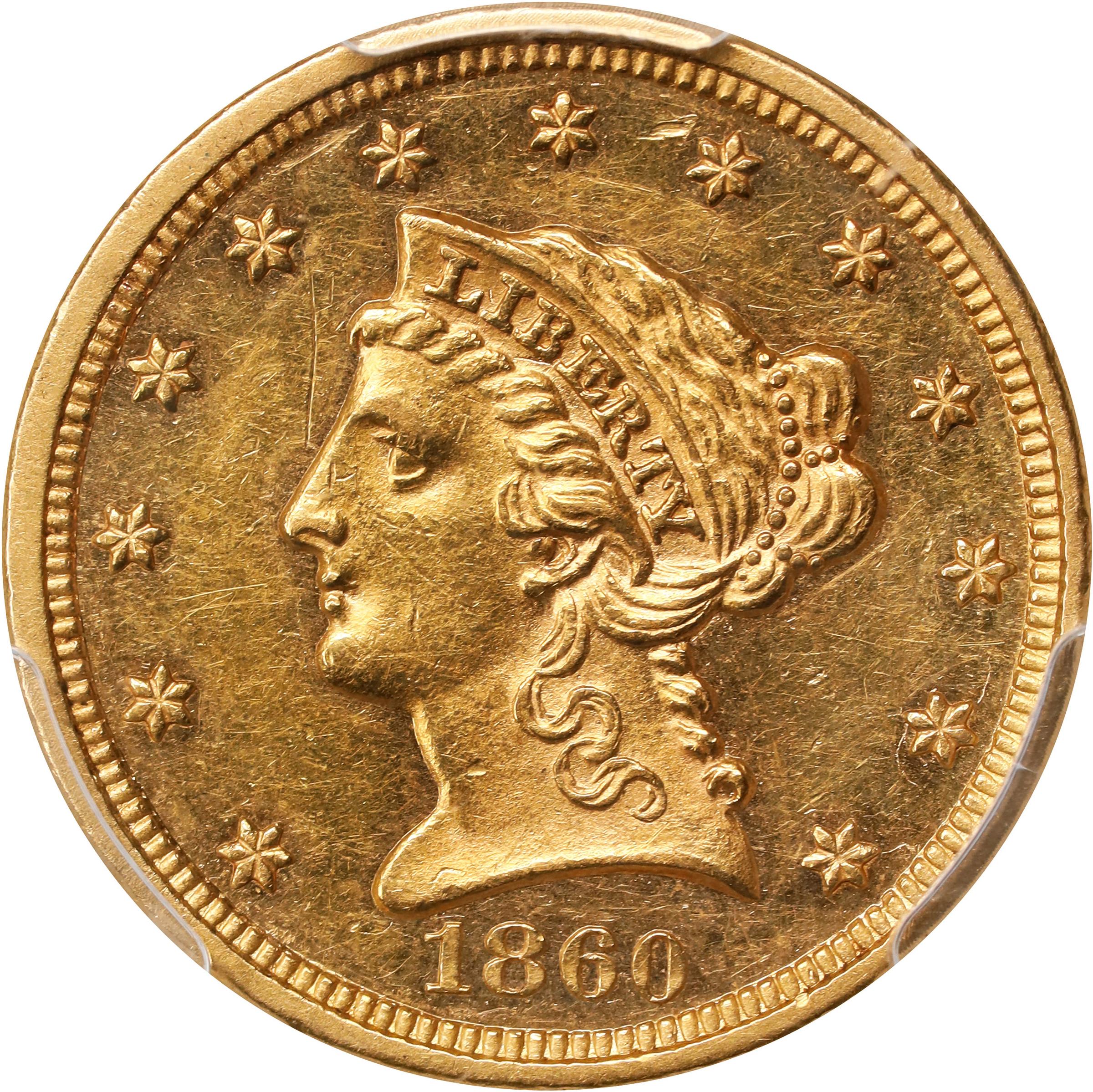 image for: 1860 Liberty Head Quarter Eagle. Breen-6250. Type I Reverse. AU-58 (PCGS).