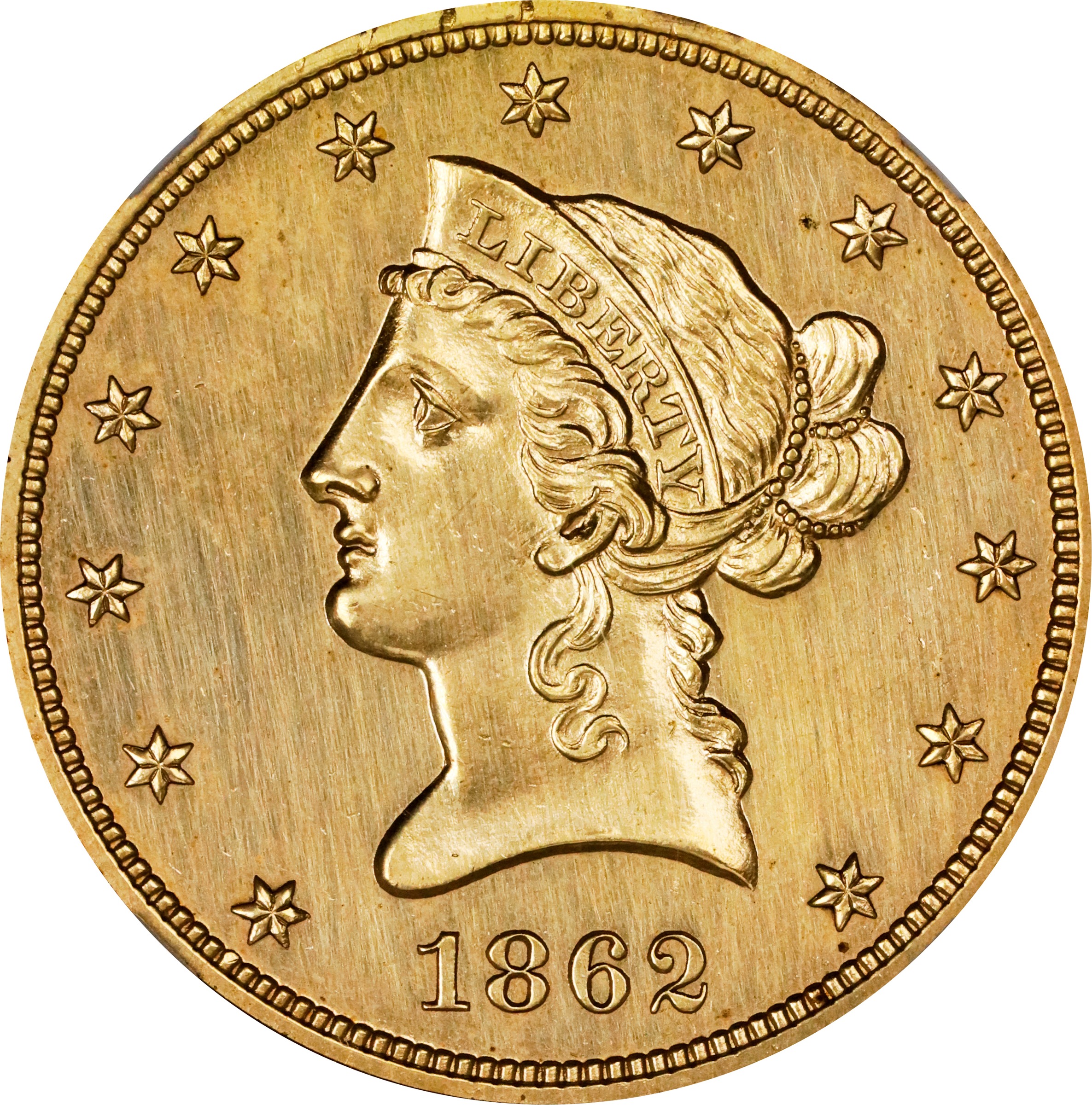 image for: 1862 Pattern Liberty Head Eagle. Judd-298 Gilt, Pollock-357. Rarity-6-. Copper, Gilt. Reeded Edge. Proof-61 (NGC).