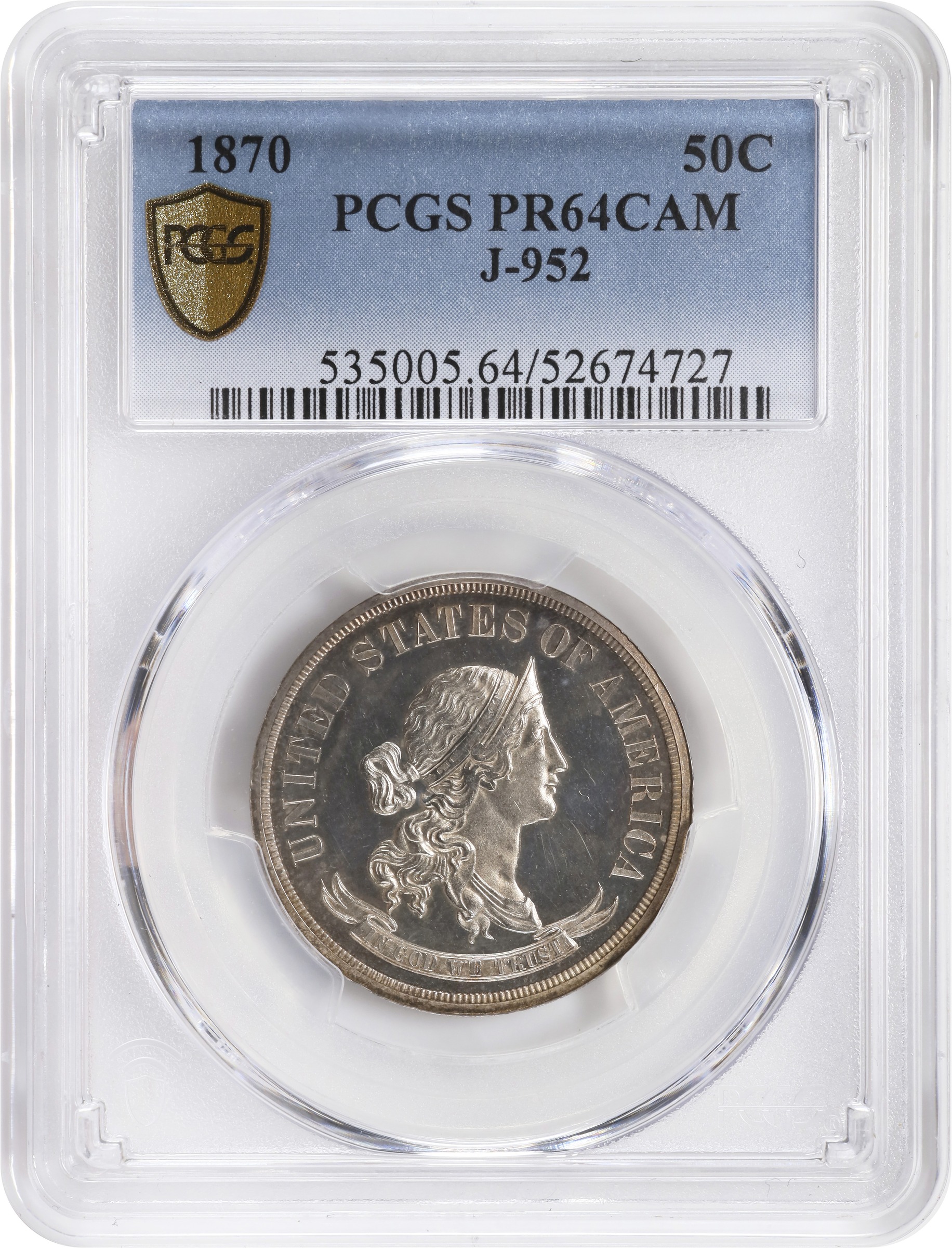 image for: 1870 Pattern Half Dollar. Judd-952, Pollock-1095. Rarity-7-. Silver. Plain Edge. Proof-64 Cameo (PCGS).