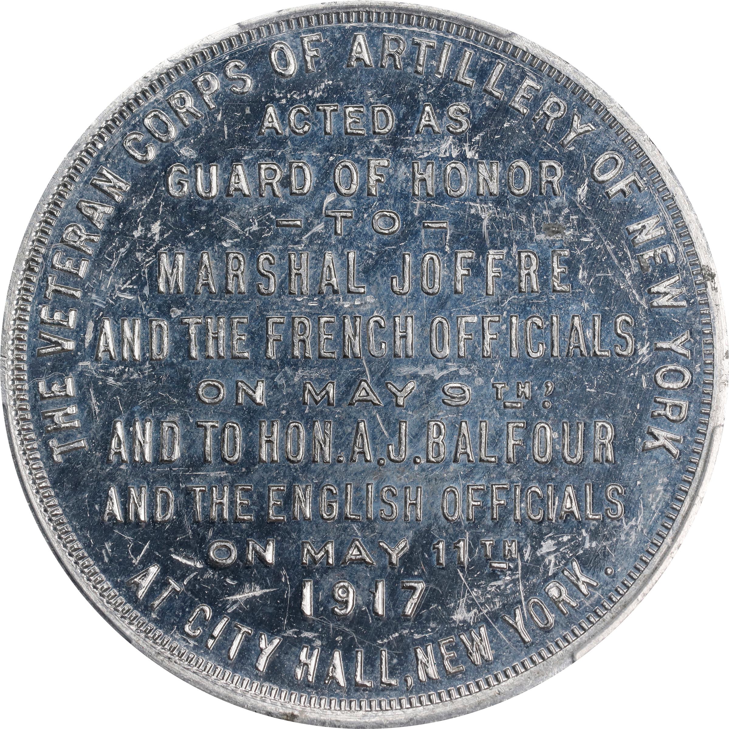 image for: 1917 World War I, Visit of Our Allies and Their Guard of Honor. Veteran Corps of Artillery Medal. HK-447, DeLorey-95. Rarity-7. Aluminum. MS-63 (PCGS).
