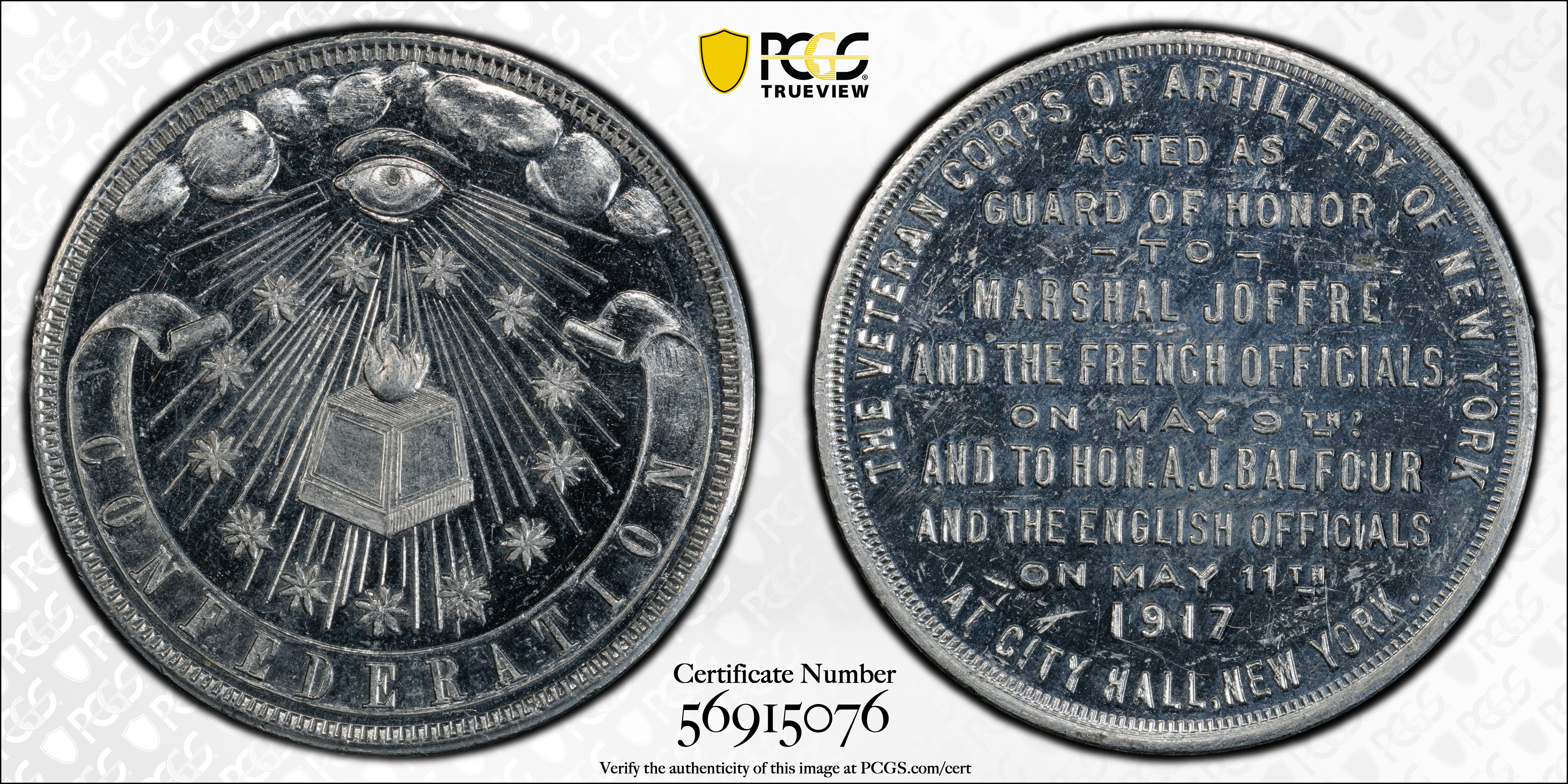 image for: 1917 World War I, Visit of Our Allies and Their Guard of Honor. Veteran Corps of Artillery Medal. HK-447, DeLorey-95. Rarity-7. Aluminum. MS-63 (PCGS).