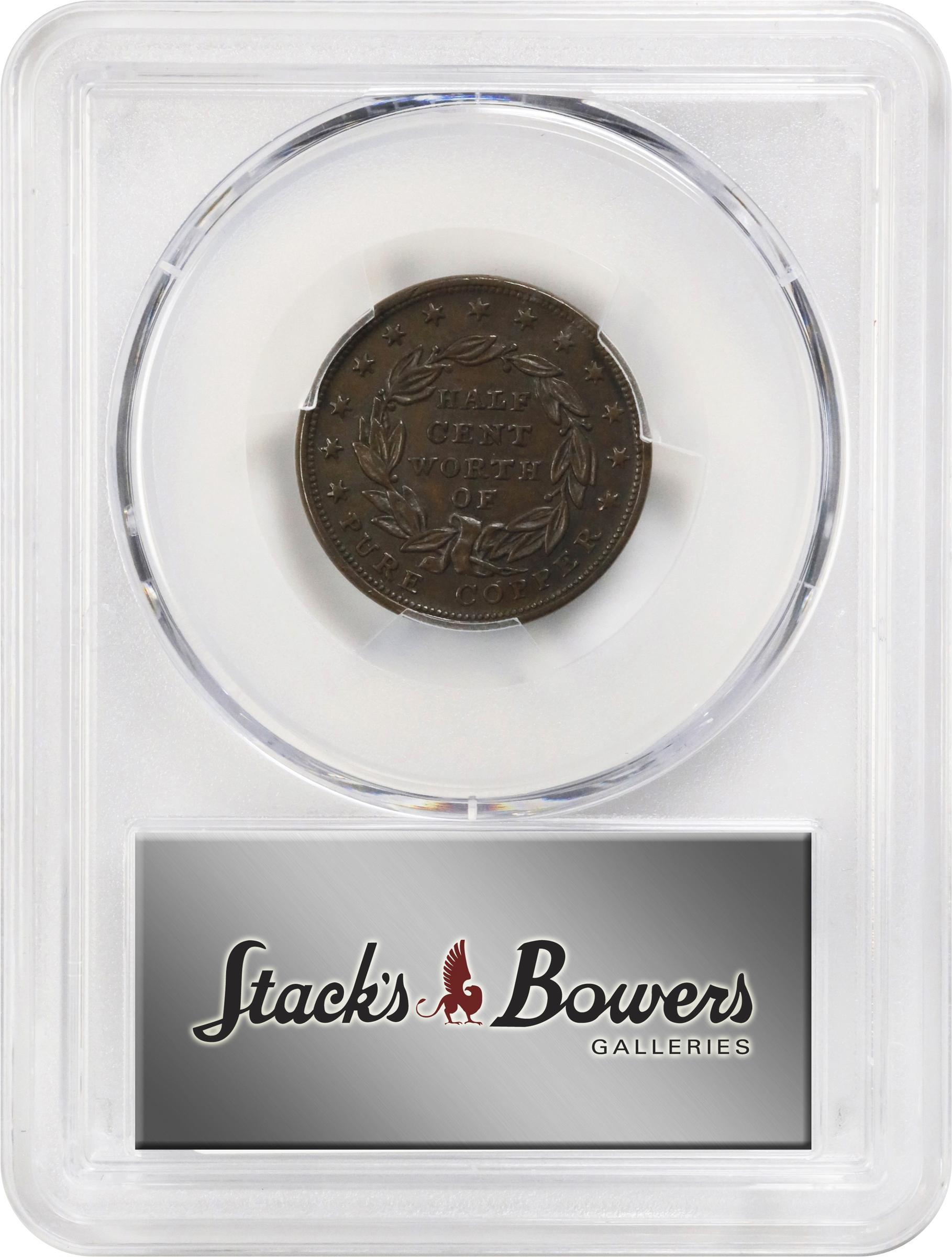 image for: 1837 Half Cent. HT-73, Low-49, W-11-710a. Rarity-1. Copper. Plain Edge. AU-55 (PCGS).