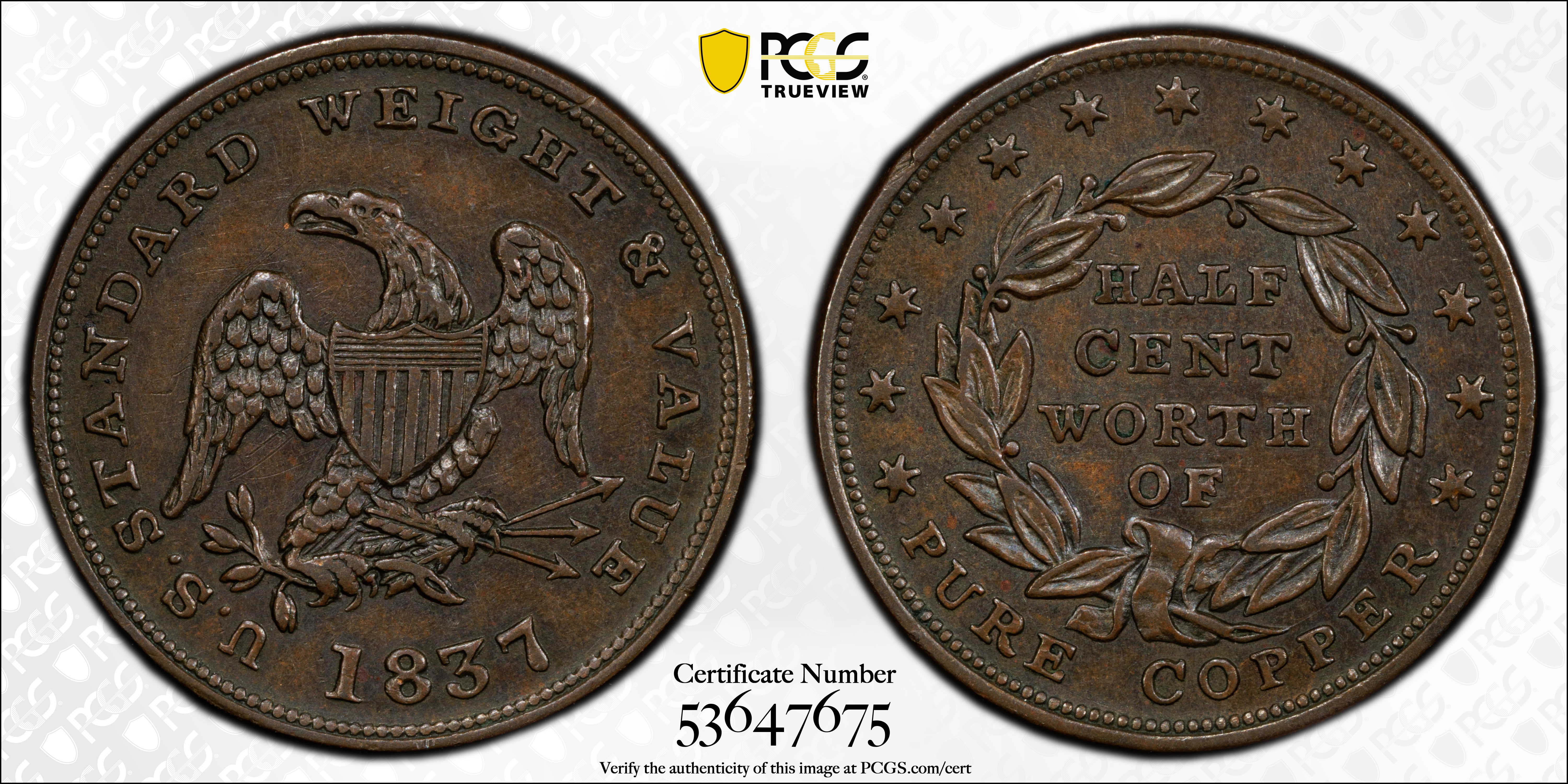 image for: 1837 Half Cent. HT-73, Low-49, W-11-710a. Rarity-1. Copper. Plain Edge. AU-55 (PCGS).