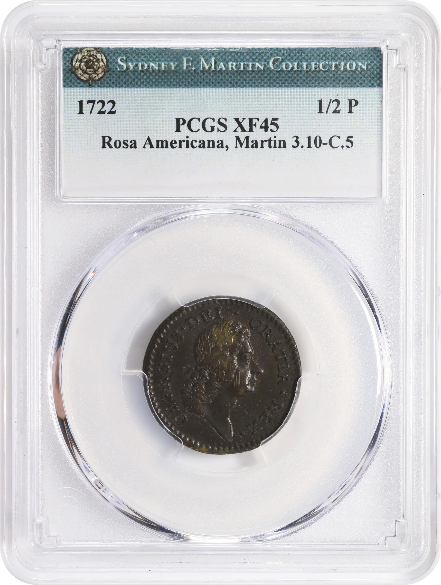 image for: 1722 Rosa Americana Halfpenny. Martin 3.10-C.5, W-1222. Rarity-4. DEI GRATIA REX / UTILE DULCI. EF-45 (PCGS).