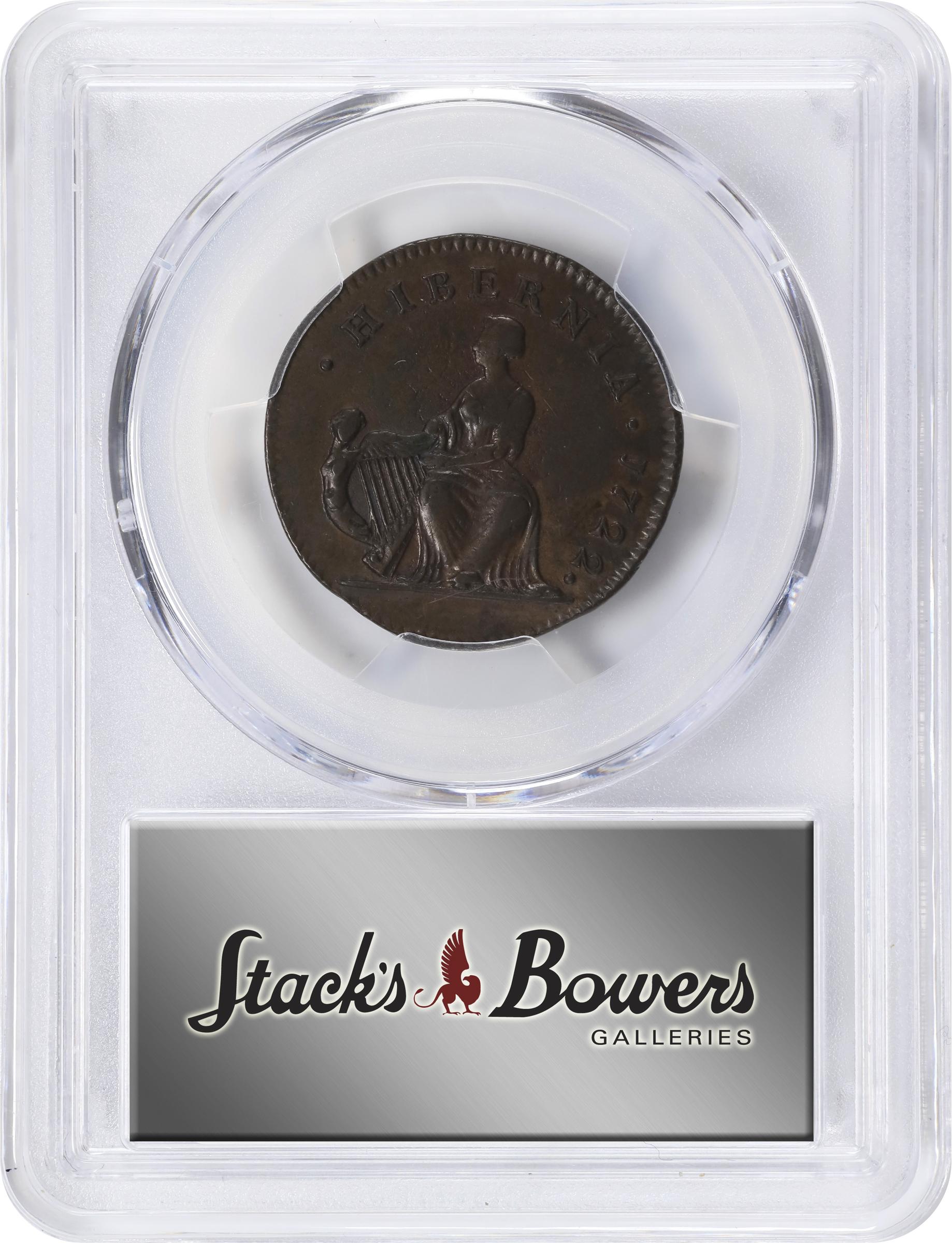 image for: 1722 Wood's Hibernia Halfpenny. Martin 4.1-Bb.2, W-12690. Rarity-3. First Type, Harp at Left. AU-55 (PCGS).