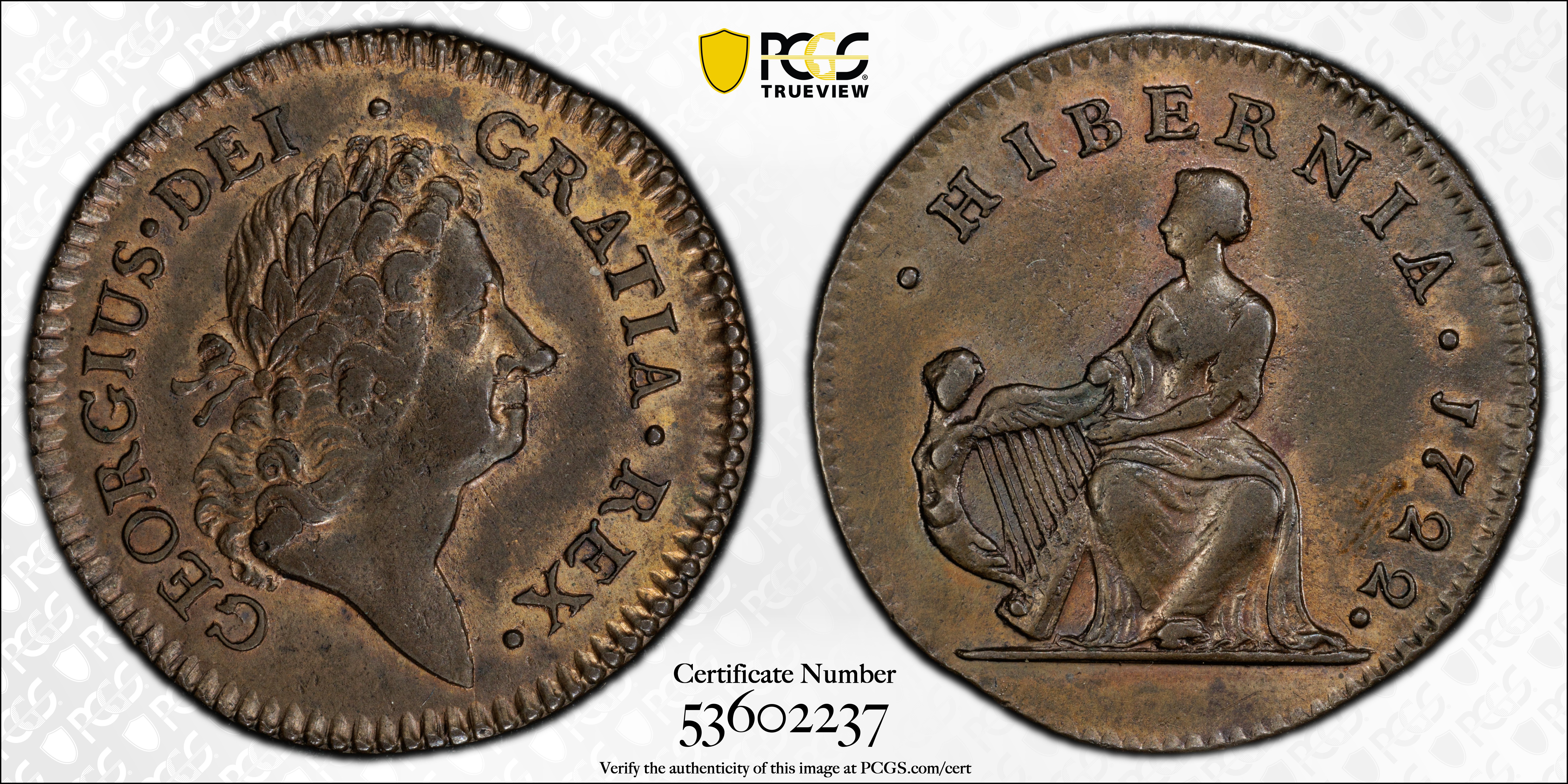 image for: 1722 Wood's Hibernia Halfpenny. Martin 4.1-Bb.2, W-12690. Rarity-3. First Type, Harp at Left. AU-55 (PCGS).