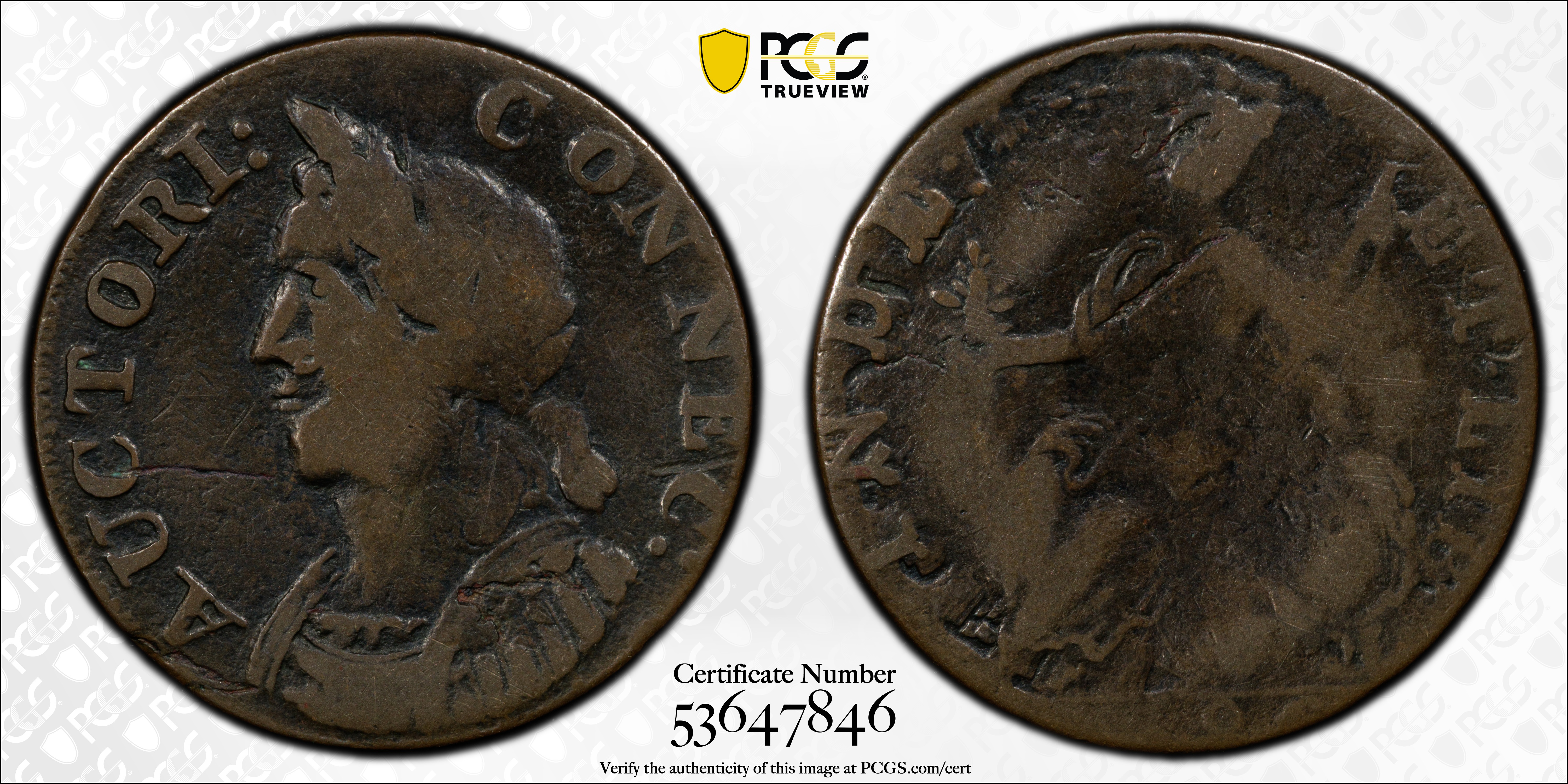 image for: 1786 Connecticut Copper. Miller 5.3-N, W-2575. Rarity-2. Mailed Bust Left, Hercules Head. VG-8 (PCGS).