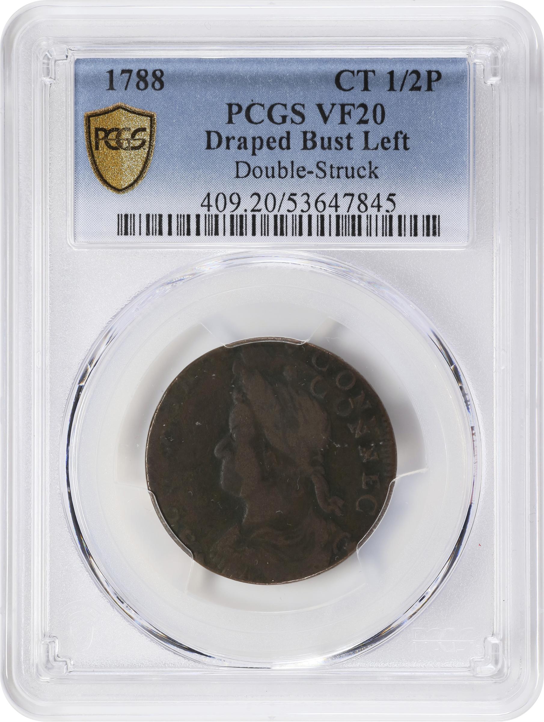 image for: 1788 Connecticut Copper. Miller 14.2-A.2, W-4580. Rarity-5. Draped Bust Left. Double Struck. VF-20 (PCGS).