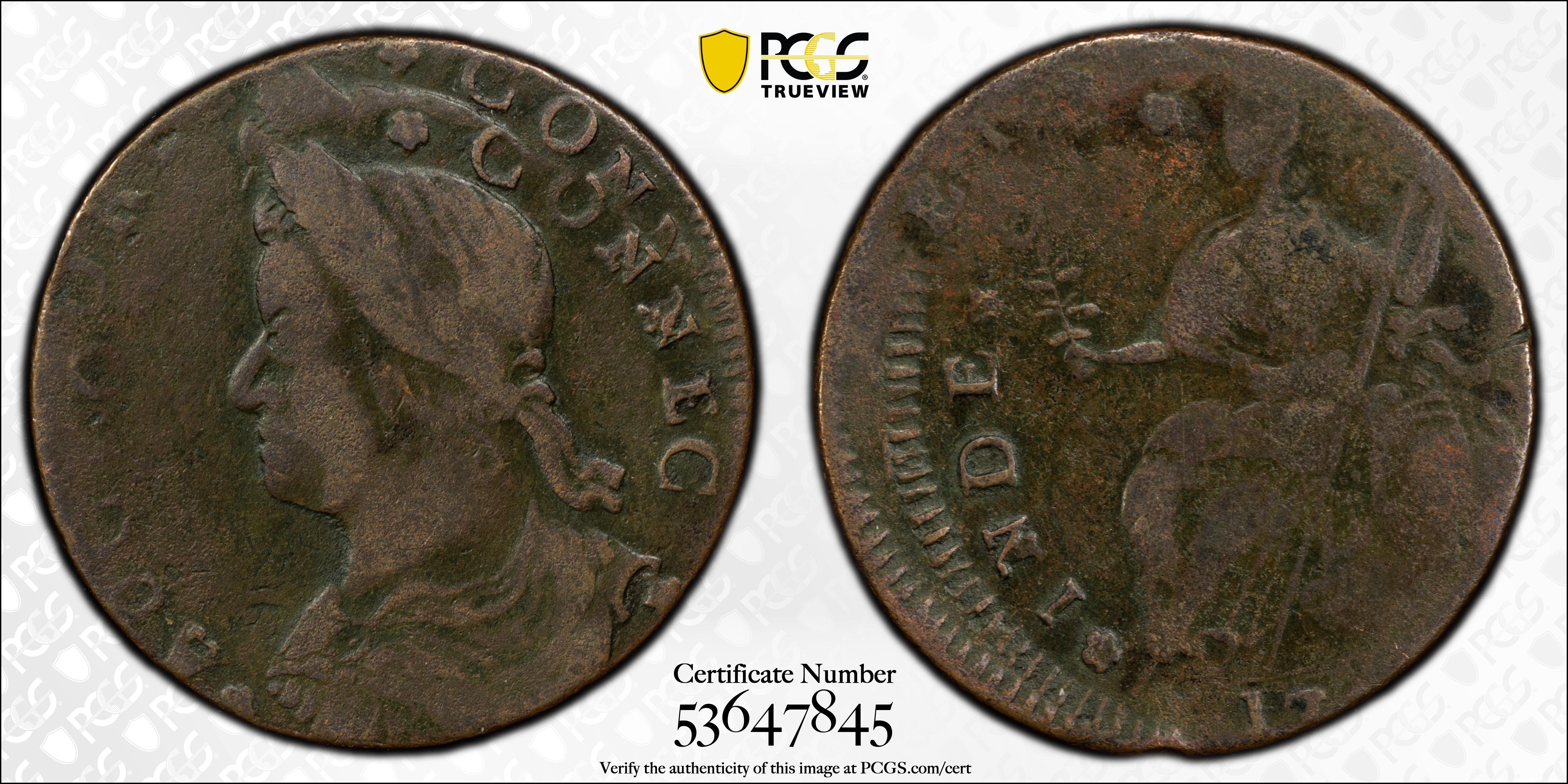 image for: 1788 Connecticut Copper. Miller 14.2-A.2, W-4580. Rarity-5. Draped Bust Left. Double Struck. VF-20 (PCGS).