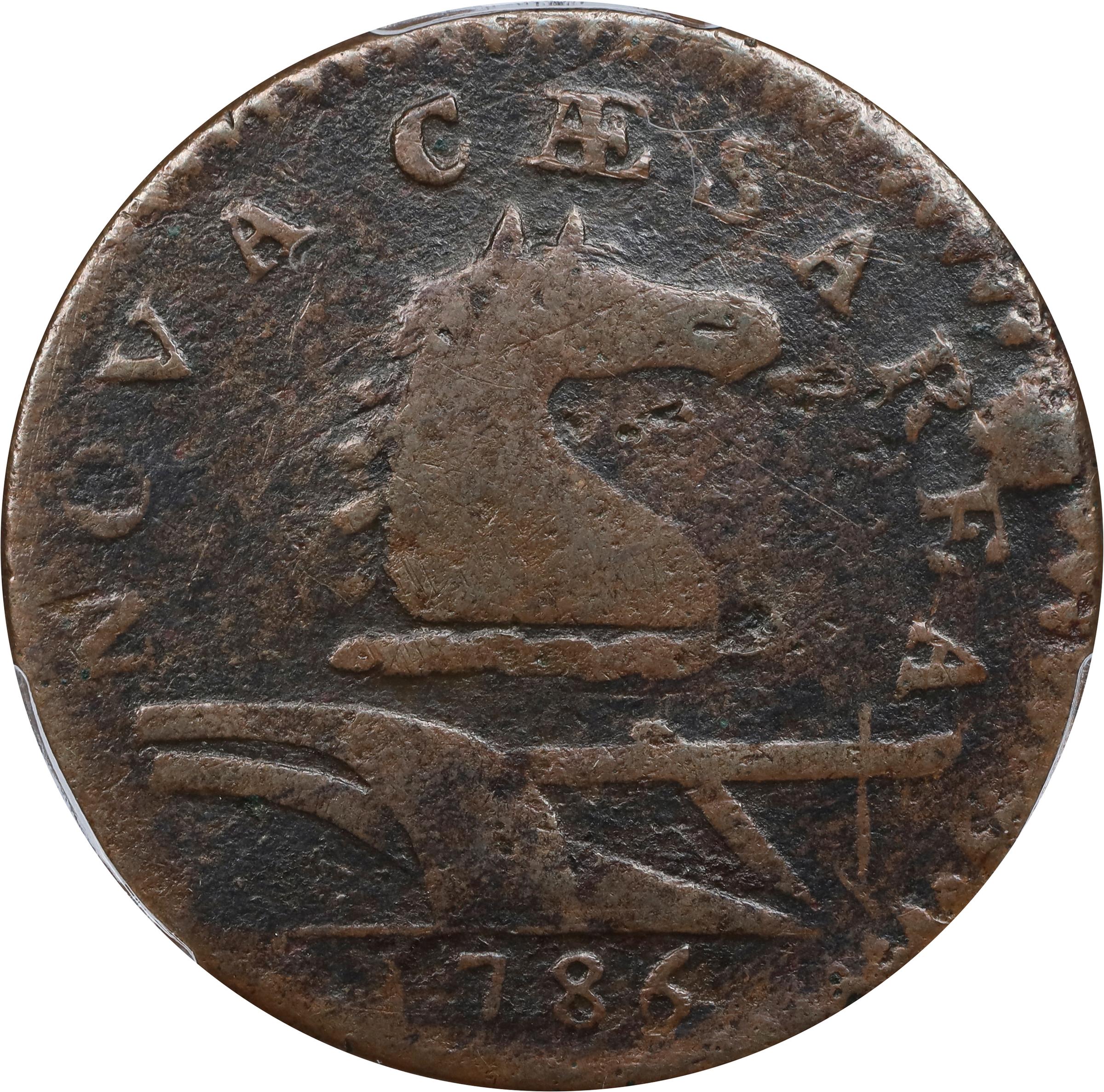 image for: 1786 New Jersey Copper. Maris 16-L, W-4840. Rarity-2. Straight Plow Beam, Protruding Tongue. Fine-12 (PCGS).