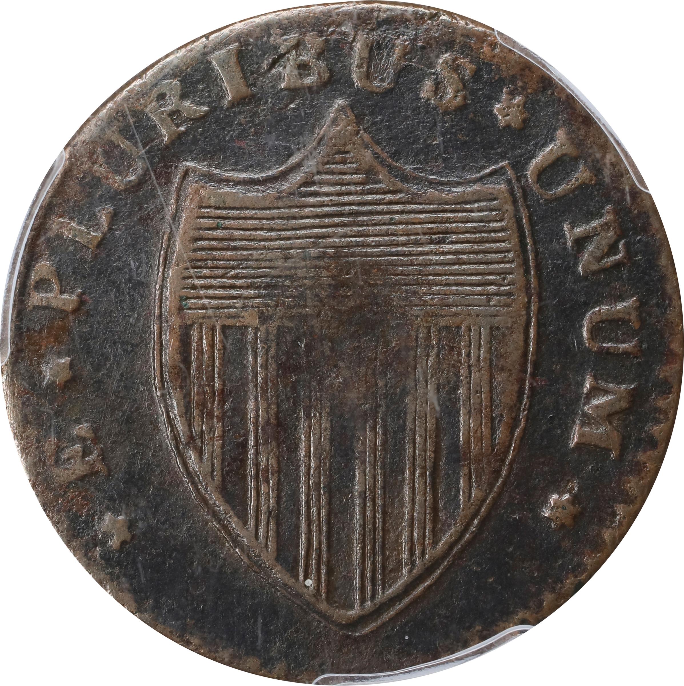 image for: 1786 New Jersey Copper. Maris 16-L, W-4840. Rarity-2. Straight Plow Beam, Protruding Tongue. Fine-12 (PCGS).