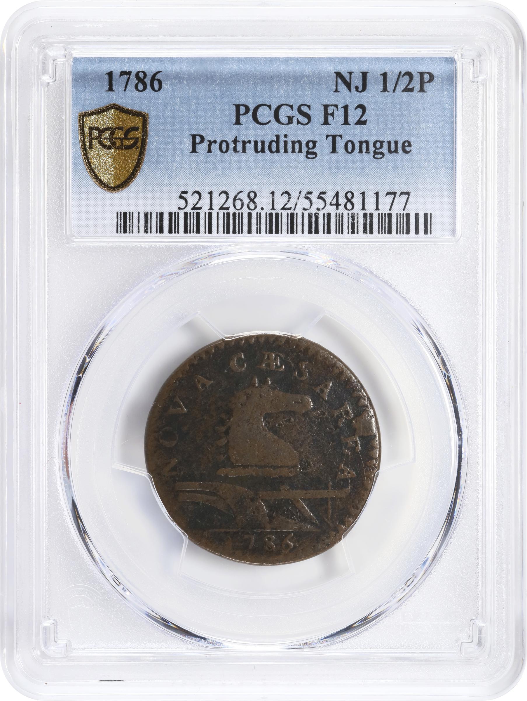 image for: 1786 New Jersey Copper. Maris 16-L, W-4840. Rarity-2. Straight Plow Beam, Protruding Tongue. Fine-12 (PCGS).