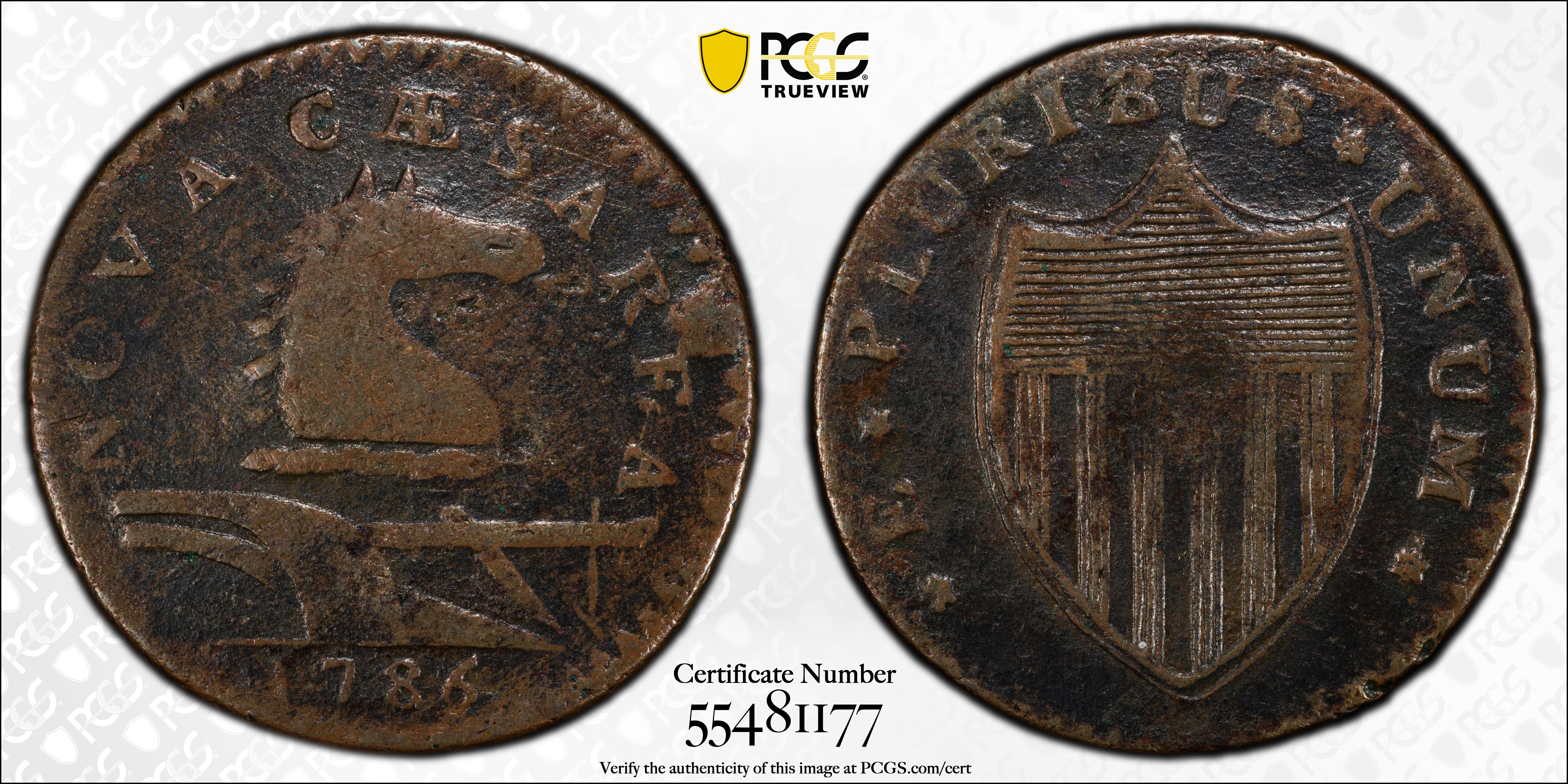 image for: 1786 New Jersey Copper. Maris 16-L, W-4840. Rarity-2. Straight Plow Beam, Protruding Tongue. Fine-12 (PCGS).