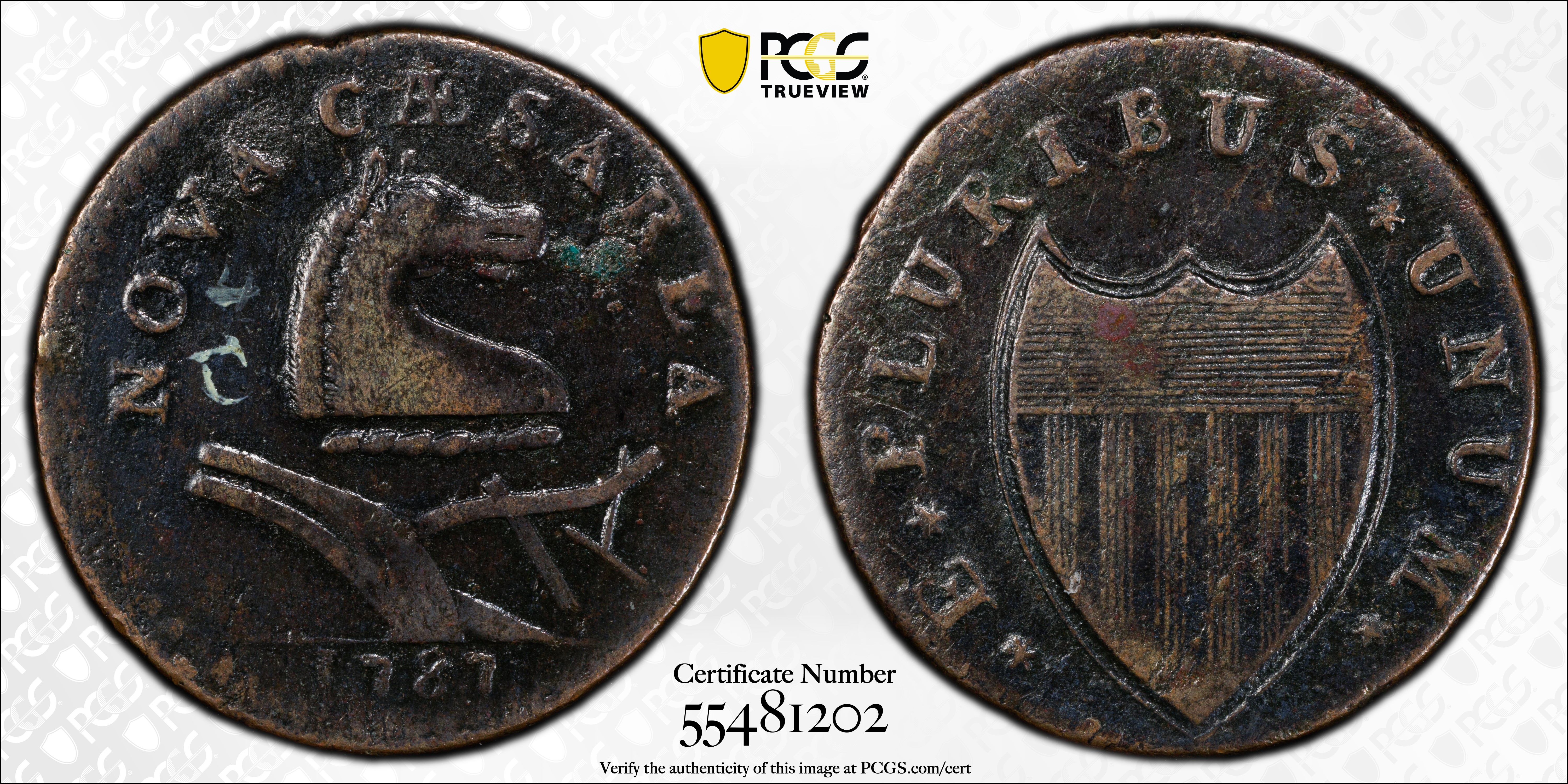 image for: 1787 New Jersey Copper. Maris 48-g, W-5275. Rarity-1. No Sprig Above Plow, Batman Shield. VF-30 (PCGS).