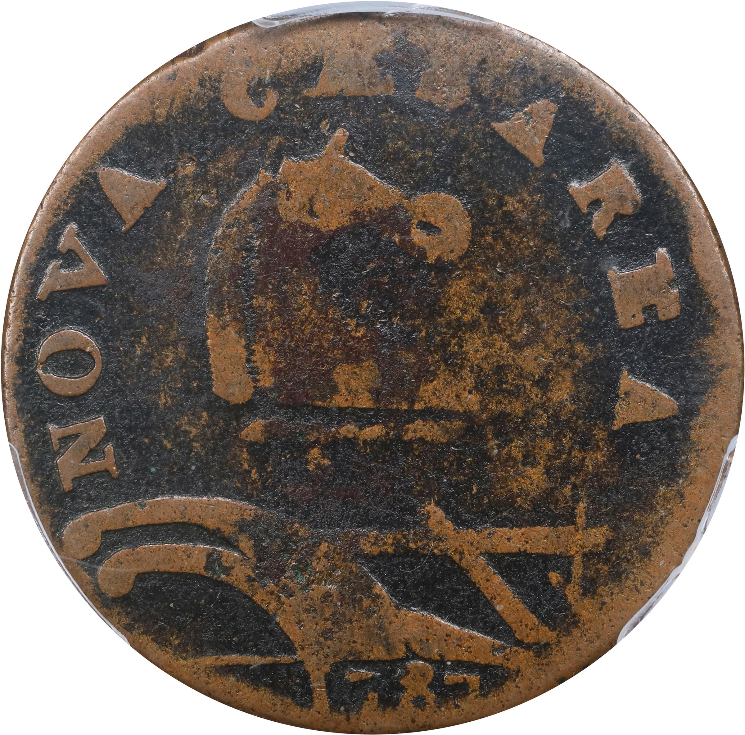 image for: 1787 New Jersey Copper. Maris 55-m, W-5305. Rarity-4. No Sprig Above Plow, Second U/S in PLURIBUS. Fine-12 (PCGS).