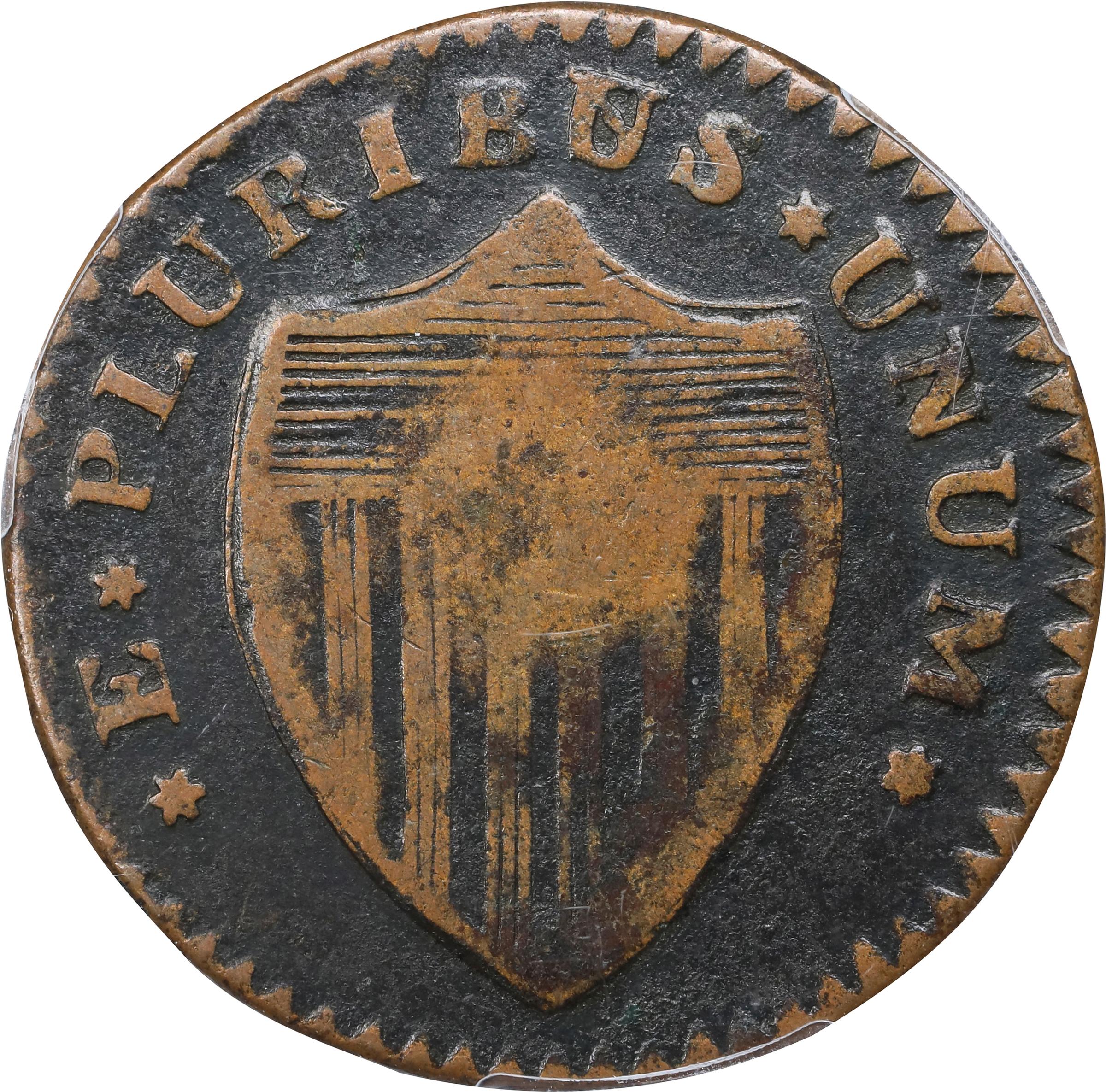 image for: 1787 New Jersey Copper. Maris 55-m, W-5305. Rarity-4. No Sprig Above Plow, Second U/S in PLURIBUS. Fine-12 (PCGS).