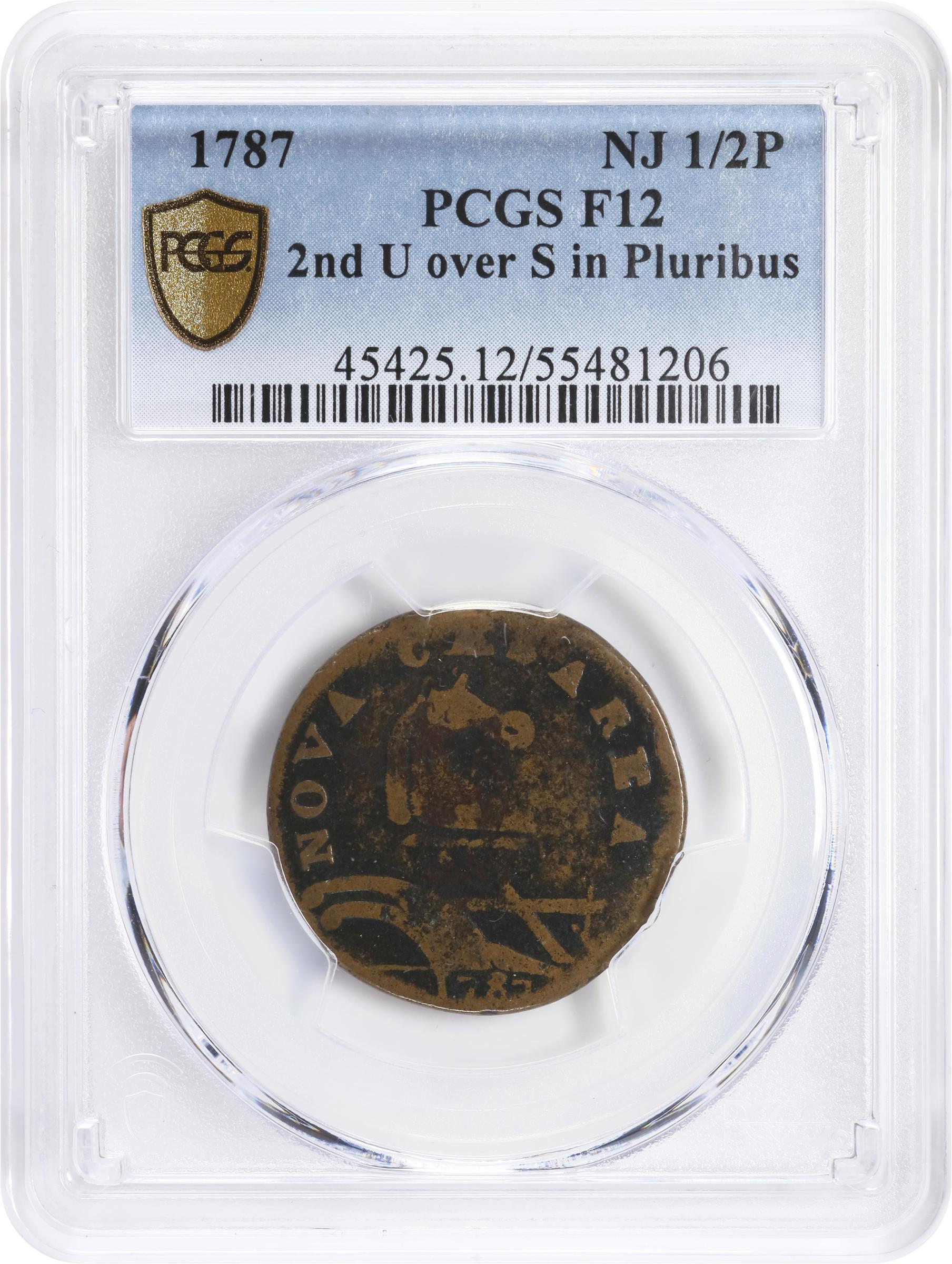 image for: 1787 New Jersey Copper. Maris 55-m, W-5305. Rarity-4. No Sprig Above Plow, Second U/S in PLURIBUS. Fine-12 (PCGS).