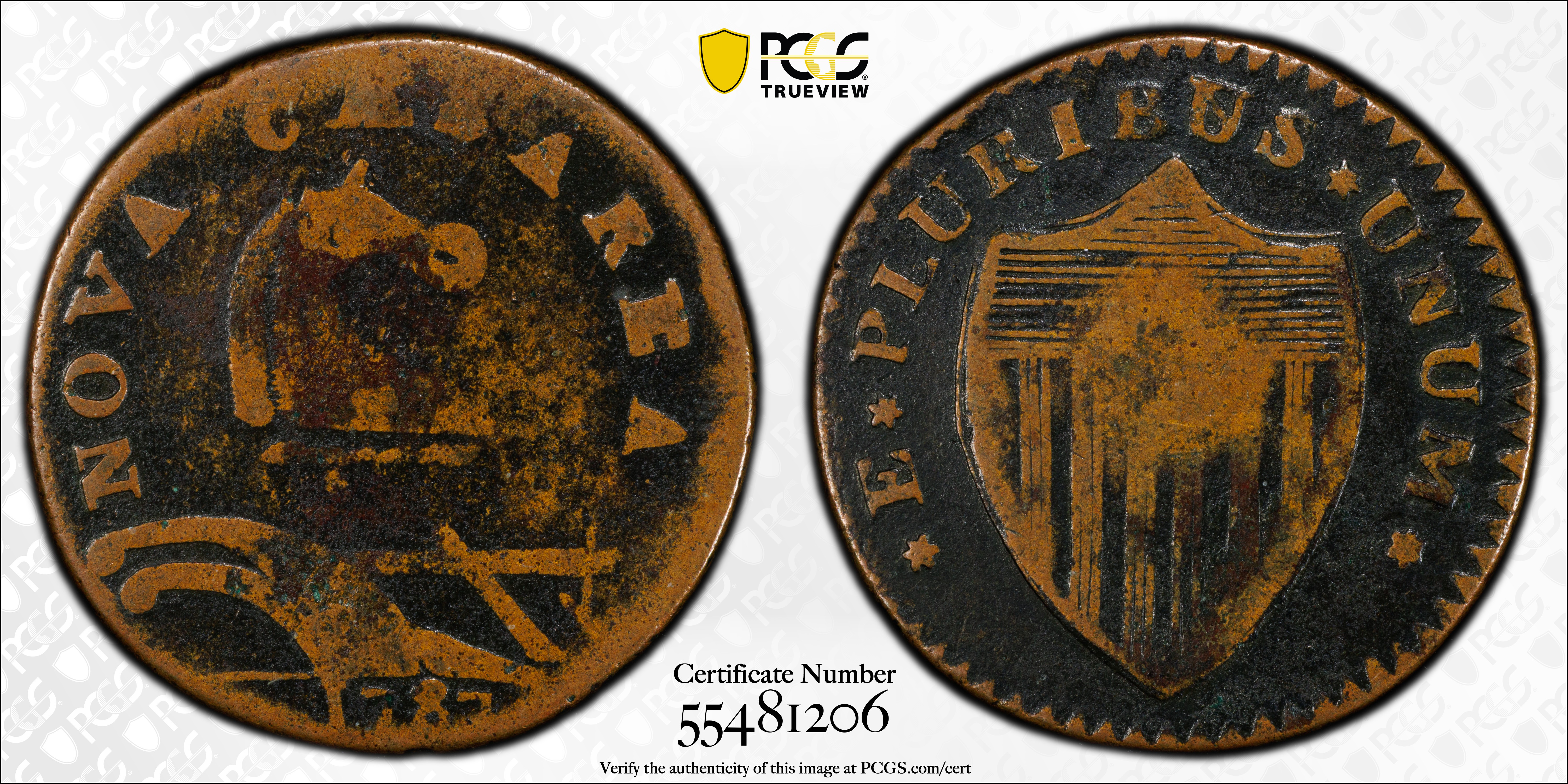 image for: 1787 New Jersey Copper. Maris 55-m, W-5305. Rarity-4. No Sprig Above Plow, Second U/S in PLURIBUS. Fine-12 (PCGS).