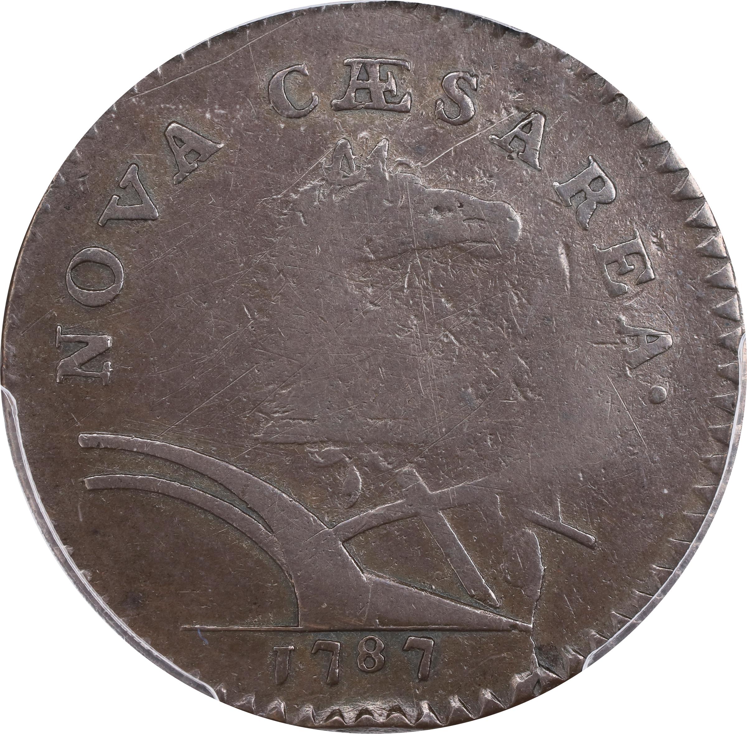 image for: 1787 New Jersey Copper. Maris 62-q, W-5350. Rarity-3. Sprig Above Plow, Hidden WM. Large Planchet. Fine-12 (PCGS).