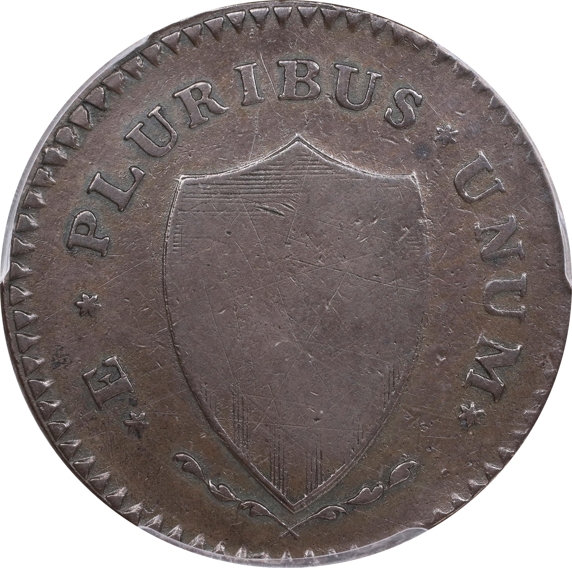 image for: 1787 New Jersey Copper. Maris 62-q, W-5350. Rarity-3. Sprig Above Plow, Hidden WM. Large Planchet. Fine-12 (PCGS).