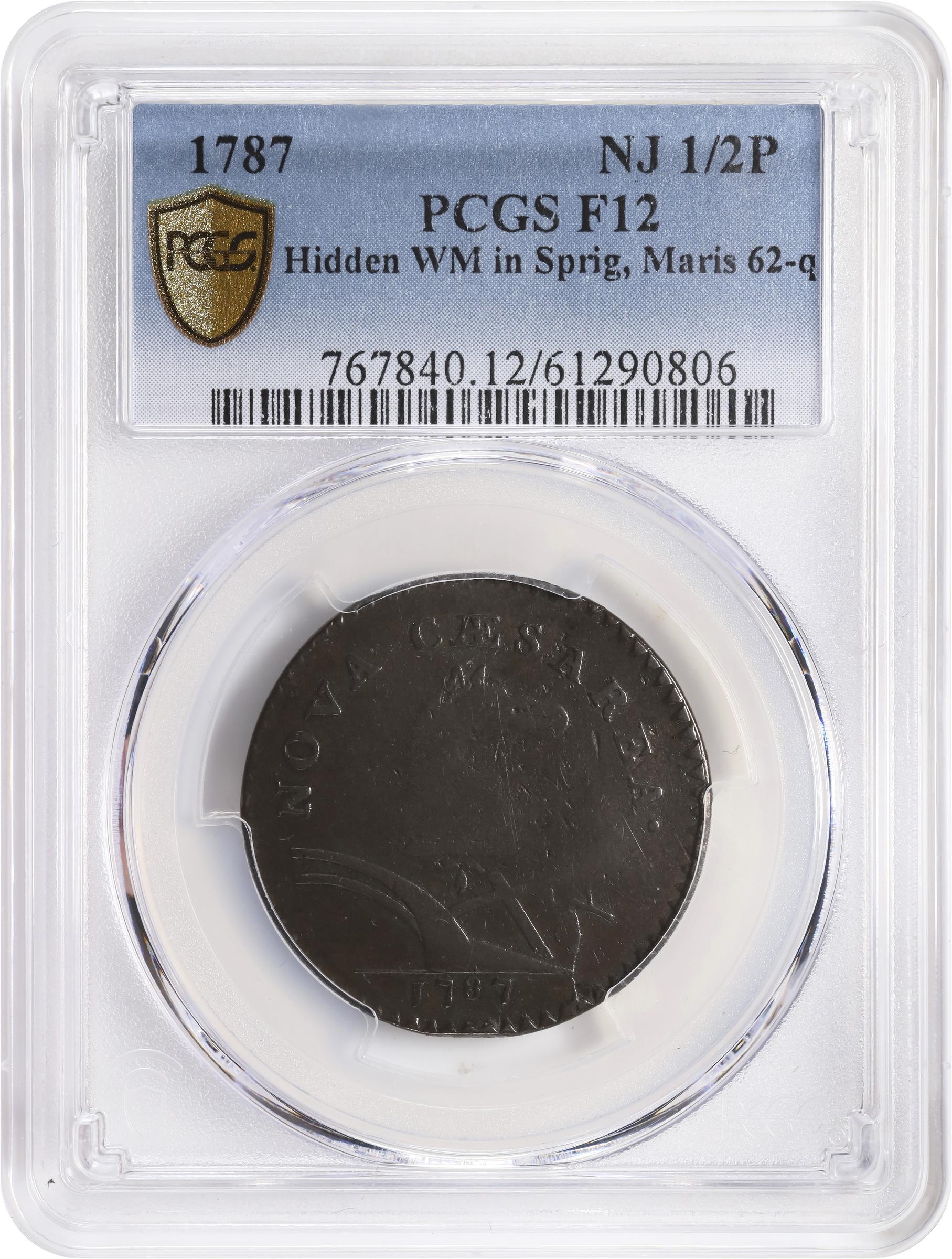 image for: 1787 New Jersey Copper. Maris 62-q, W-5350. Rarity-3. Sprig Above Plow, Hidden WM. Large Planchet. Fine-12 (PCGS).