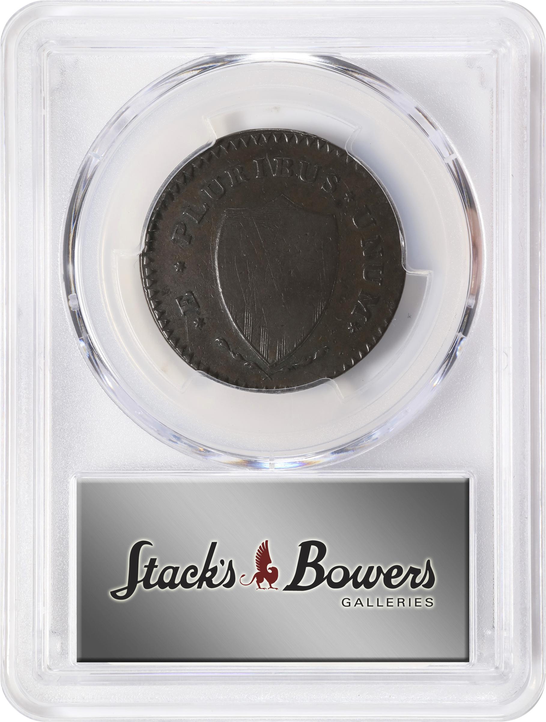 image for: 1787 New Jersey Copper. Maris 62-q, W-5350. Rarity-3. Sprig Above Plow, Hidden WM. Large Planchet. Fine-12 (PCGS).